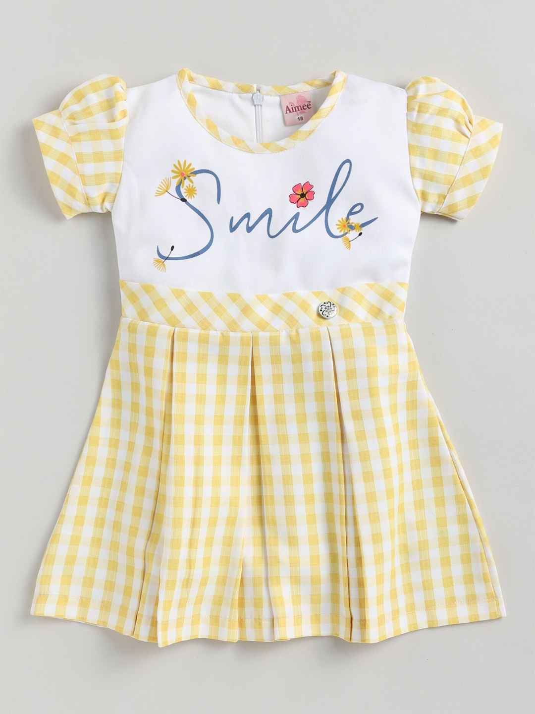 

Toonyport Girls Checked Gathered & Pleated Puff Sleeve Cotton A-Line Dress, Yellow