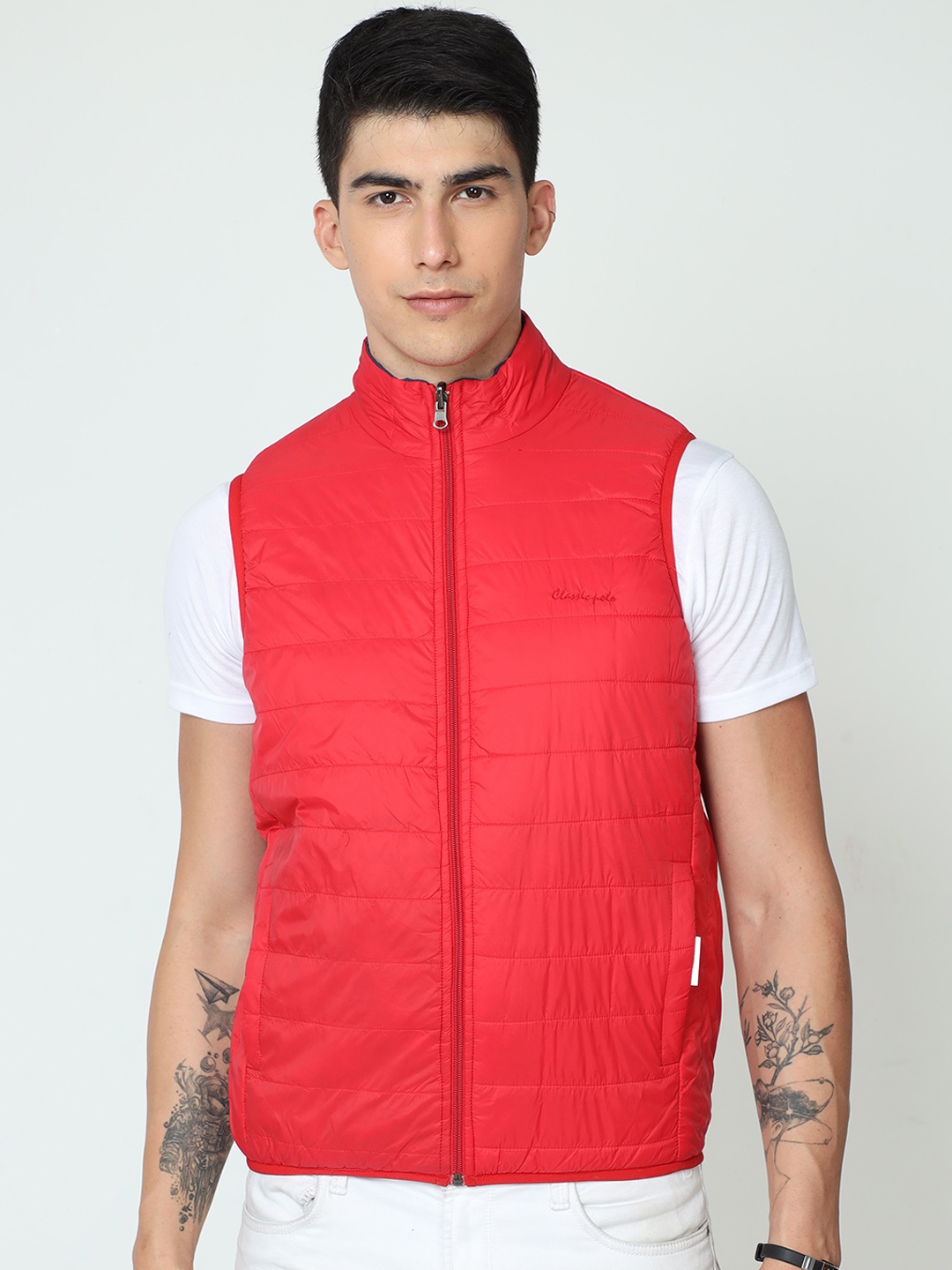 

Classic Polo Men Mock Collar Reversible Sleeveless Puffer Jacket, Red