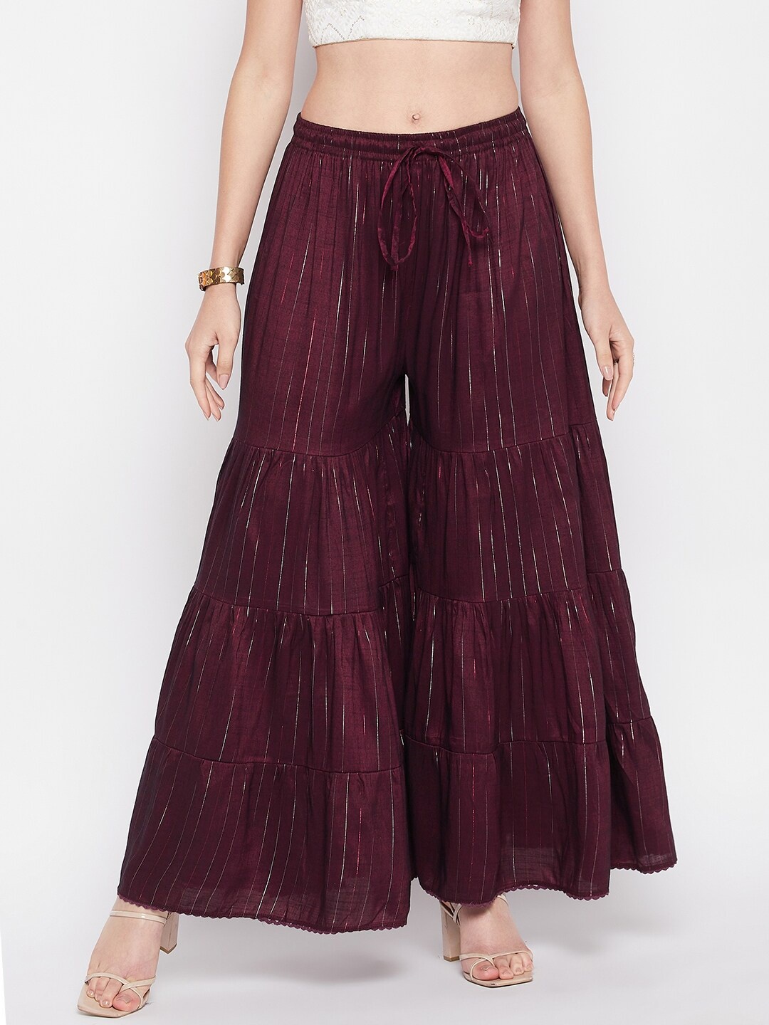 

Clora Creation Striped Flared Palazzos, Burgundy