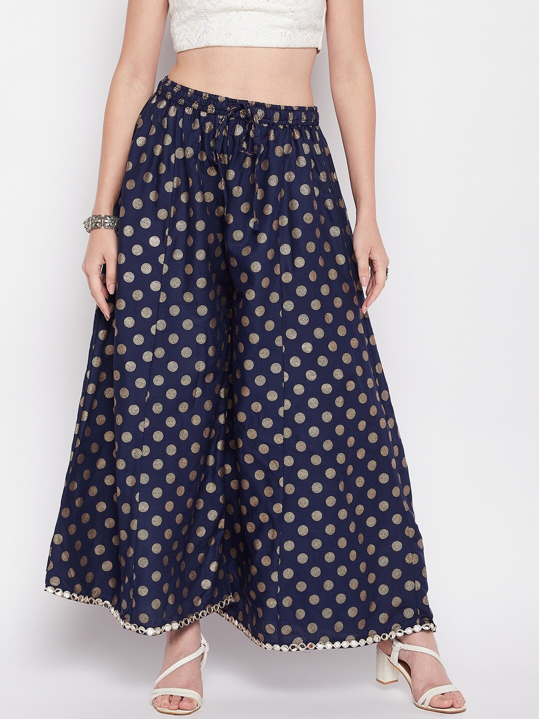 

Clora Creation Ethnic Motifs Printed Flared Palazzos, Navy blue