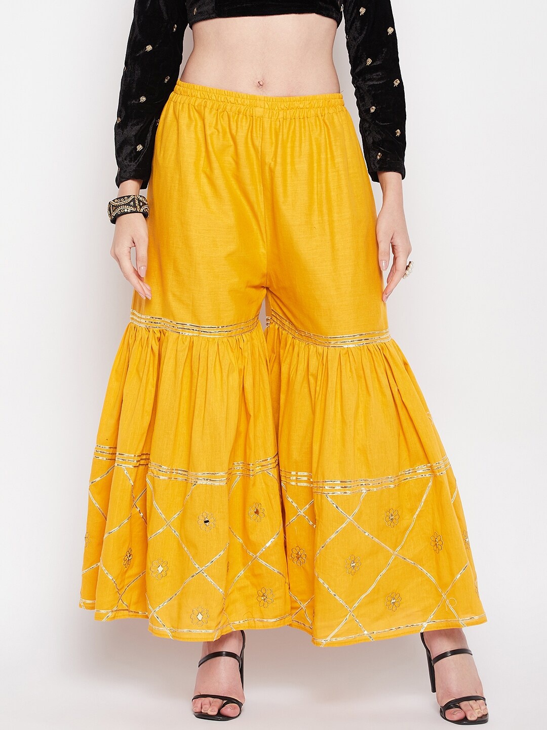 

Clora Creation Floral Hem Design Flared Palazzos, Mustard