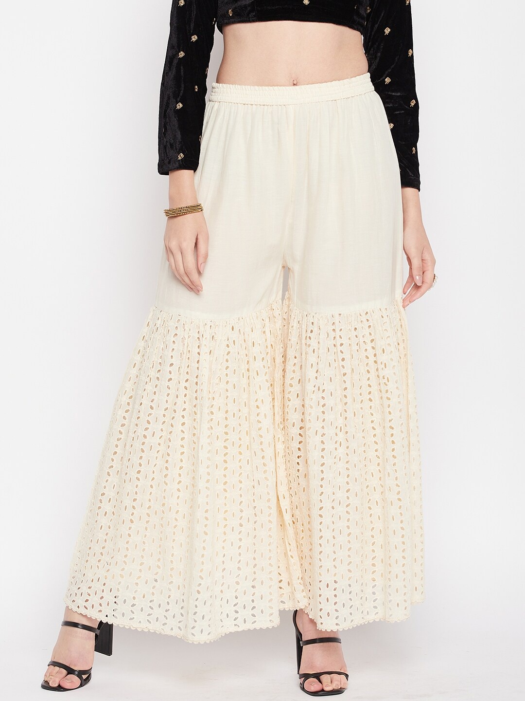 

Clora Creation Self Design Hem Design Flared Cotton Palazzos, Off white