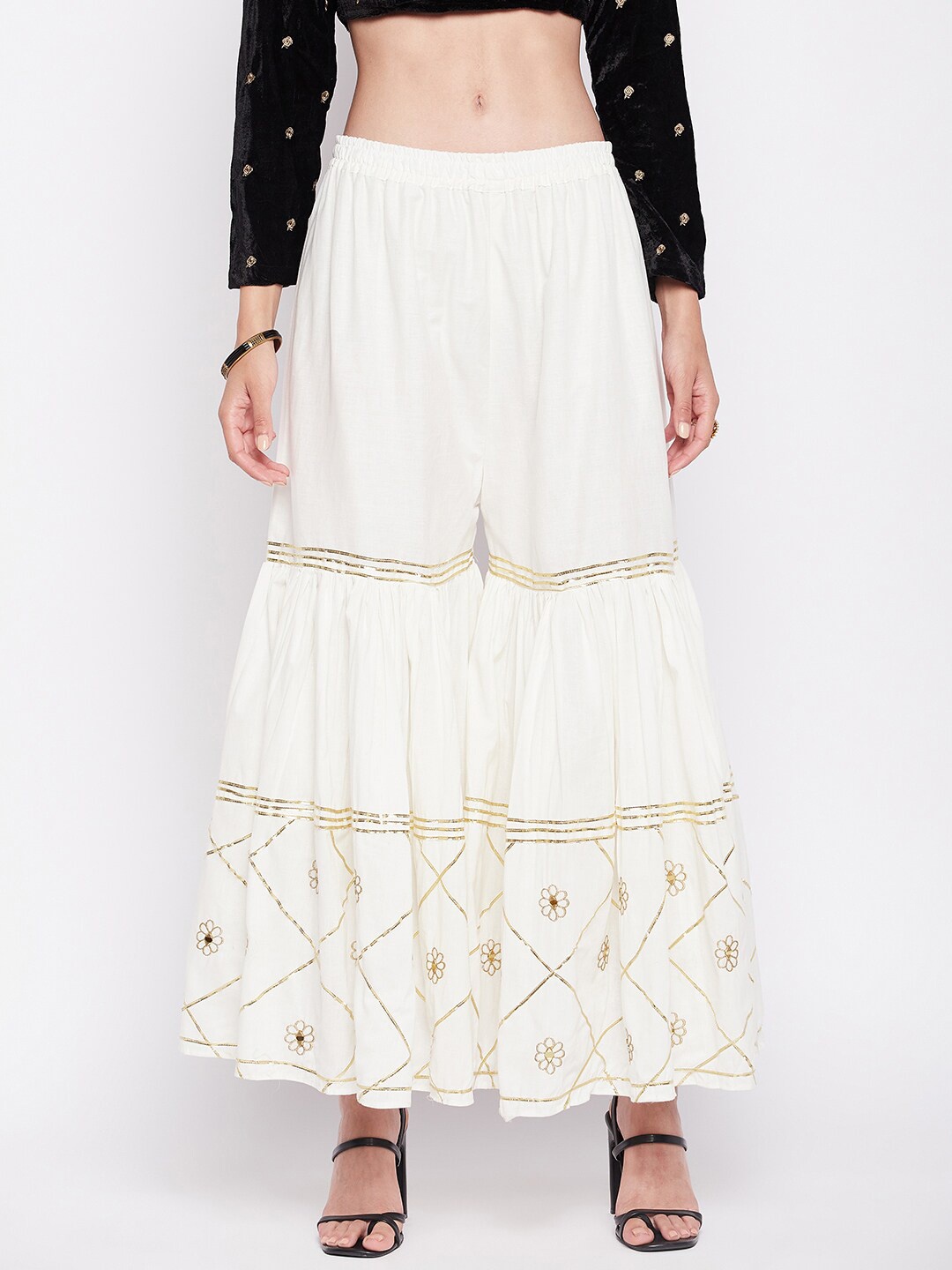 

Clora Creation Floral Hem Design Gotta Patti Cotton Gharara, Cream