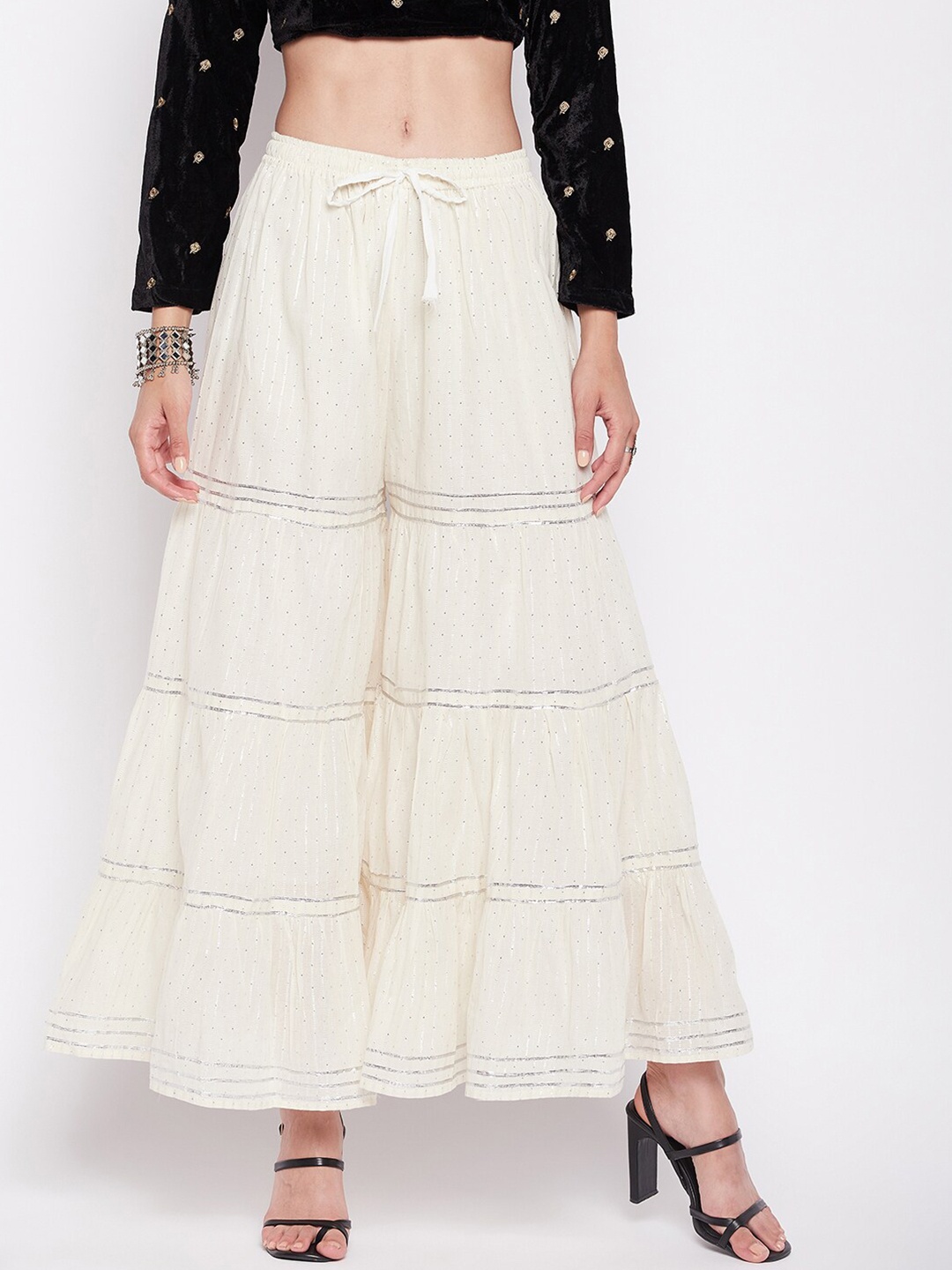 

Clora Creation Striped Gotta Patti Flared Cotton Gharara, Off white