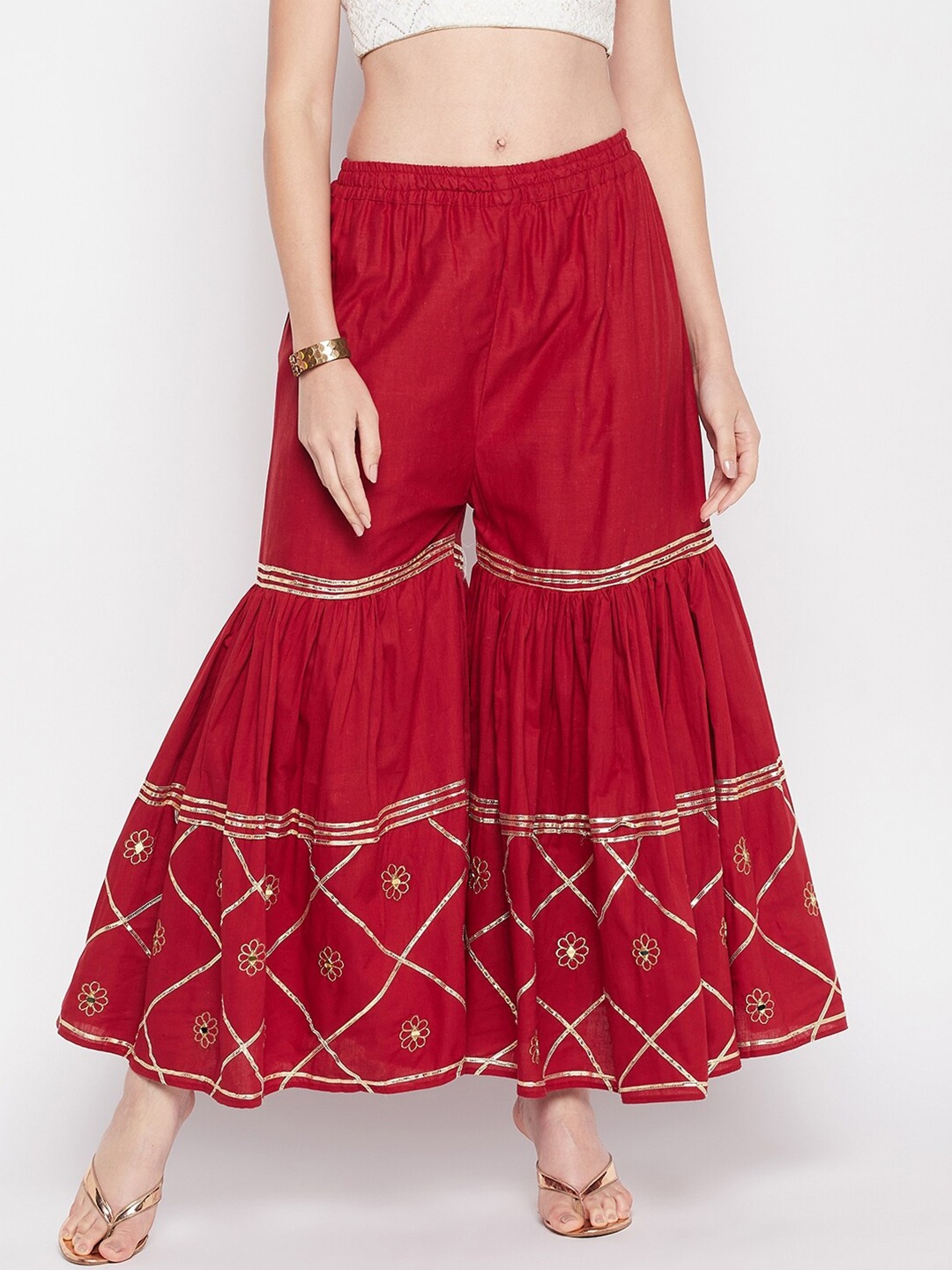 

Clora Creation Floral Hem Design Gotta Patti Cotton Gharara, Maroon