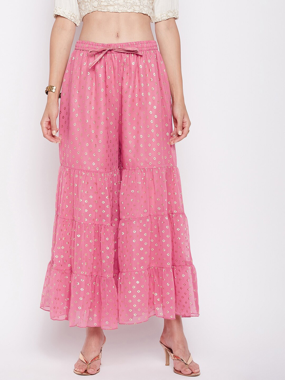 

Clora Creation Floral Foil Printed Flared Gharara, Pink