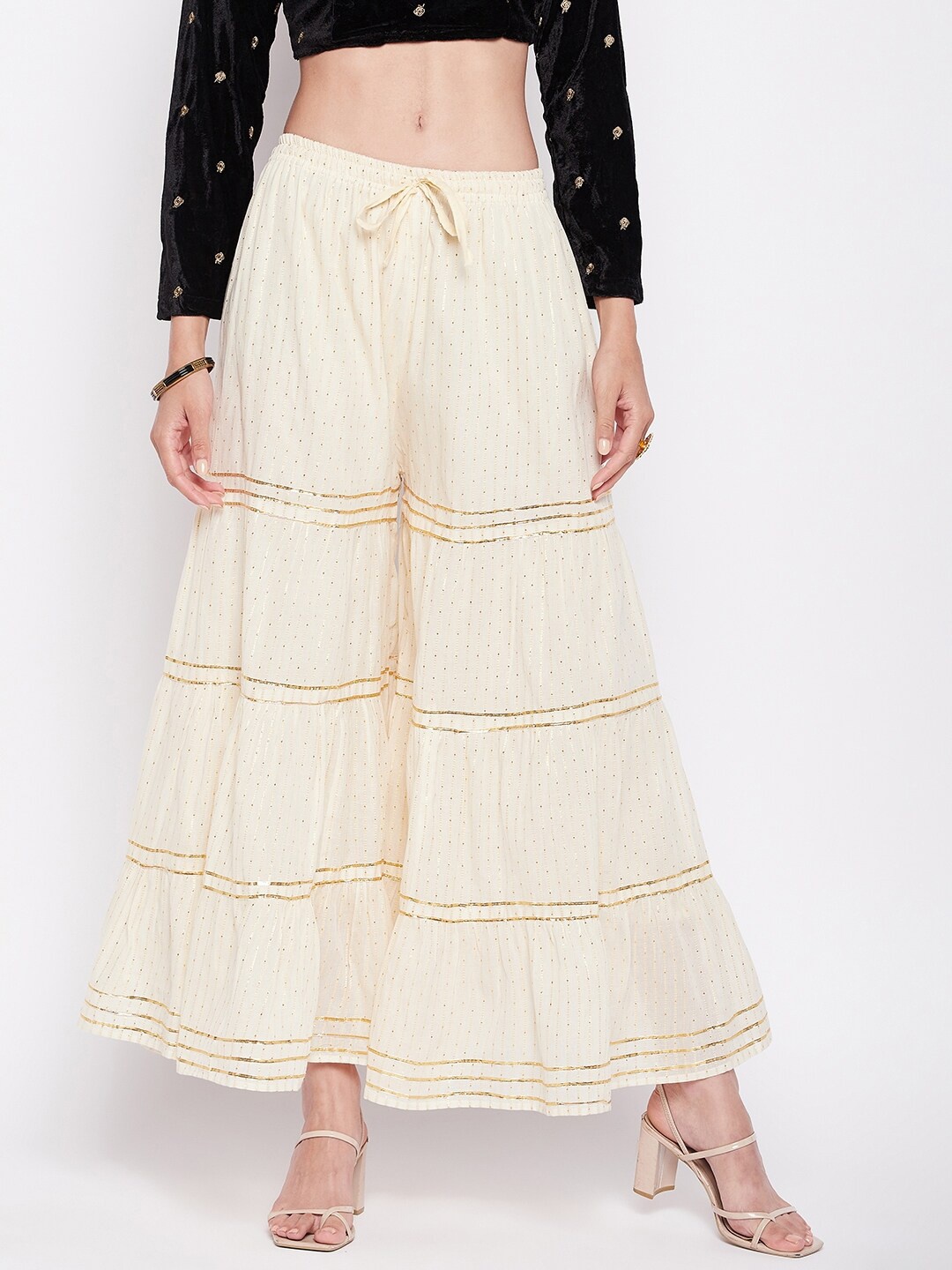 

Clora Creation Striped Gotta Patti Flared Cotton Gharara, Off white