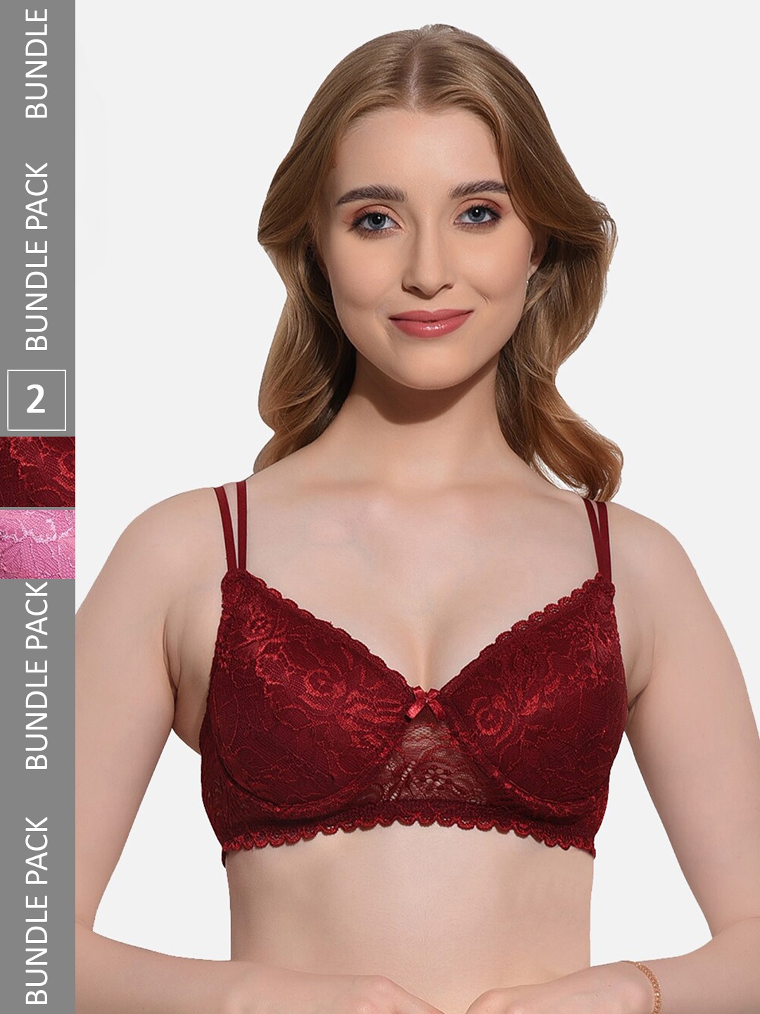 

FIMS Pack Of 2 Floral Lace Full Coverage Underwired Lightly Padded Bra, Pink