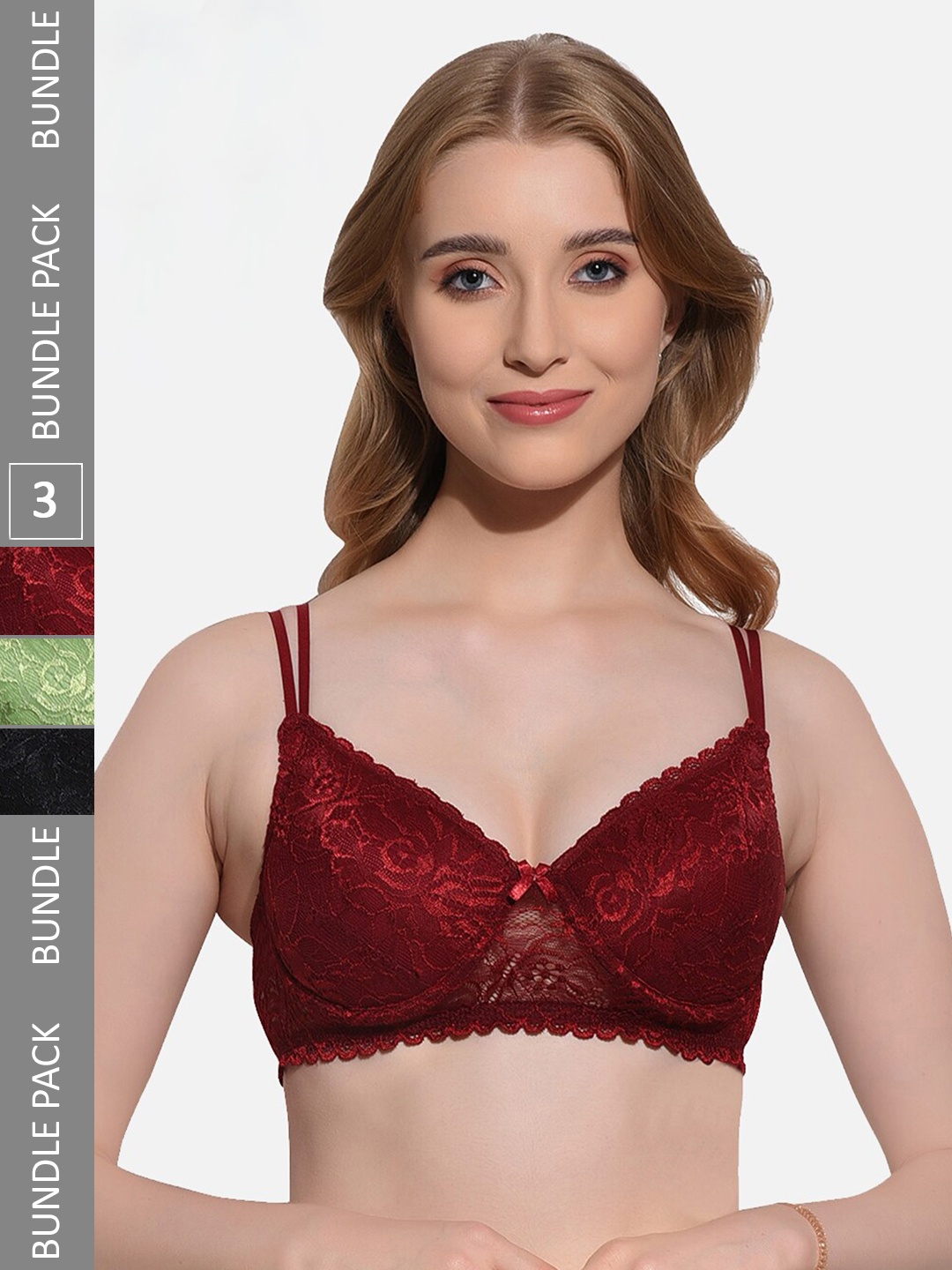 

FIMS Pack Of 3 Floral Lace Full Coverage Underwired Lightly Padded Bra, Black