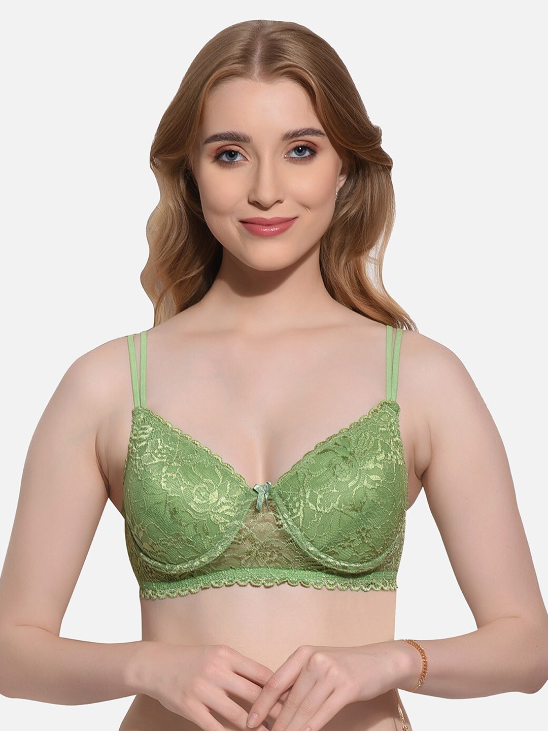 

FIMS Floral Lace Full Coverage Underwired Lightly Padded Bra, Green