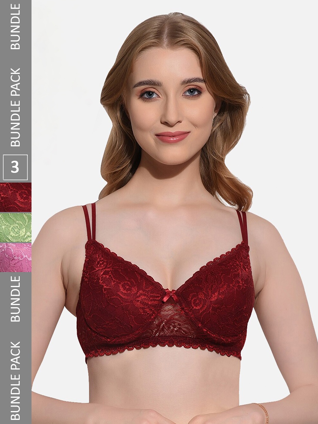 

FIMS Pack Of 3 Floral Lace Full Coverage Underwired Lightly Padded Bra, Green