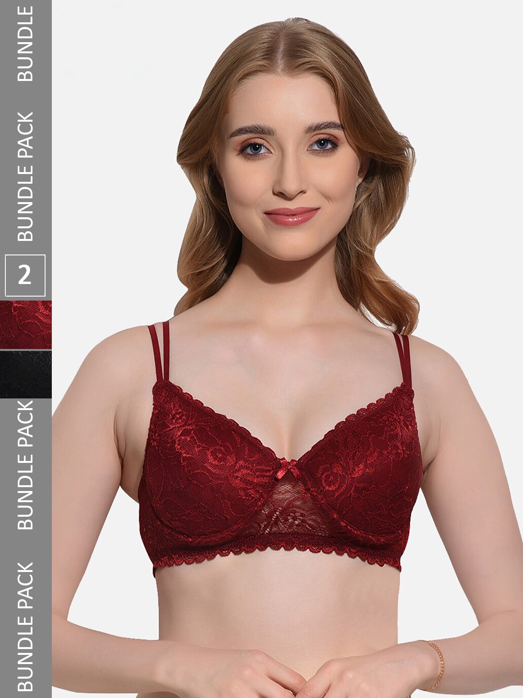 

FIMS Pack Of 2 Floral Lace Full Coverage Underwired Lightly Padded Bra, Black