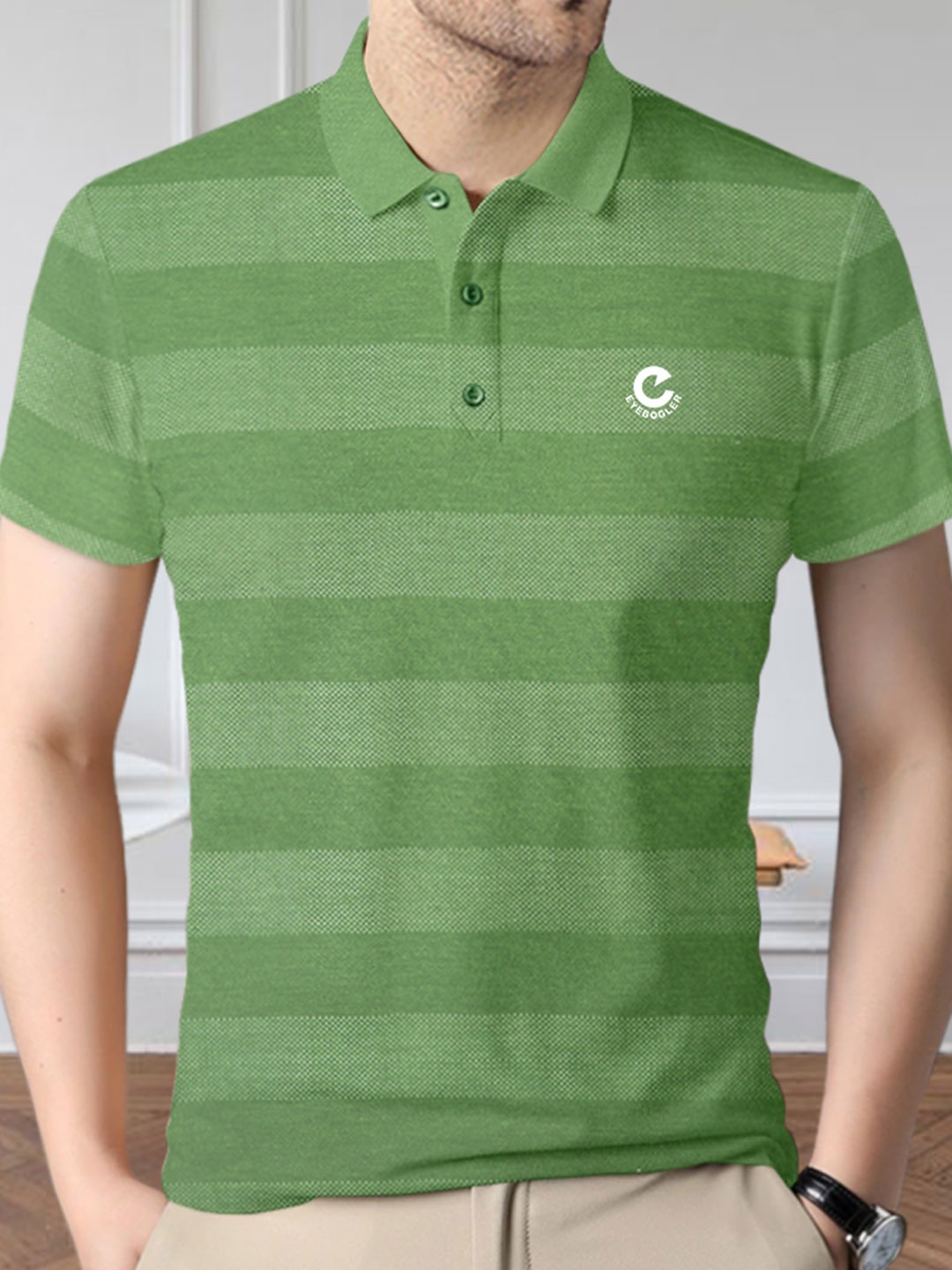 

Eyebogler Striped Polo Collar Cotton T-shirt, Green