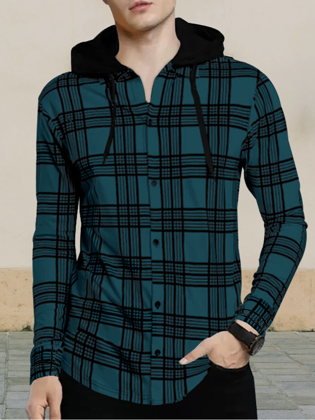 

Eyebogler Checked Hooded Cotton T-shirt, Blue