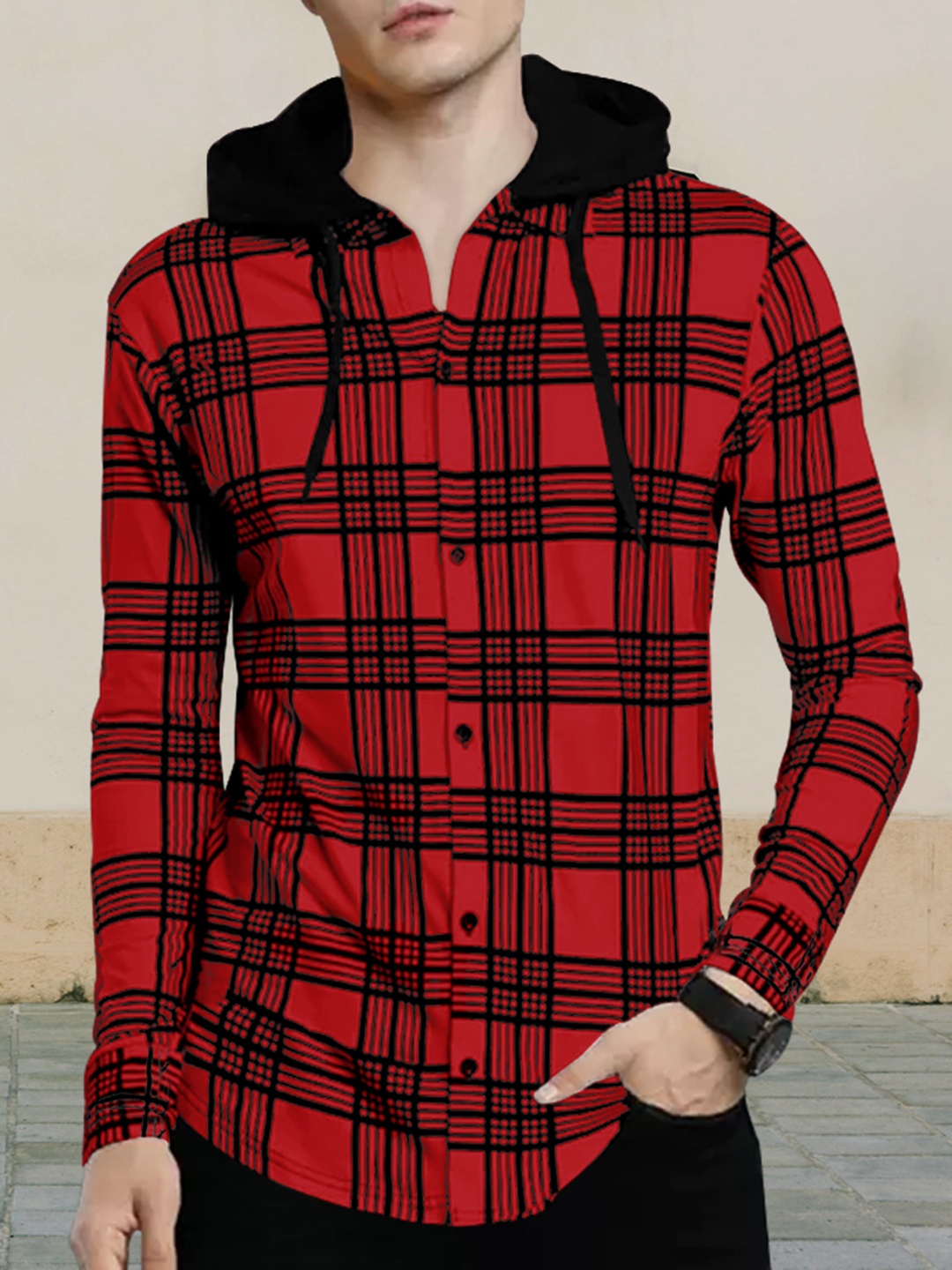 

Eyebogler Checked Hooded Cotton T-shirt, Red