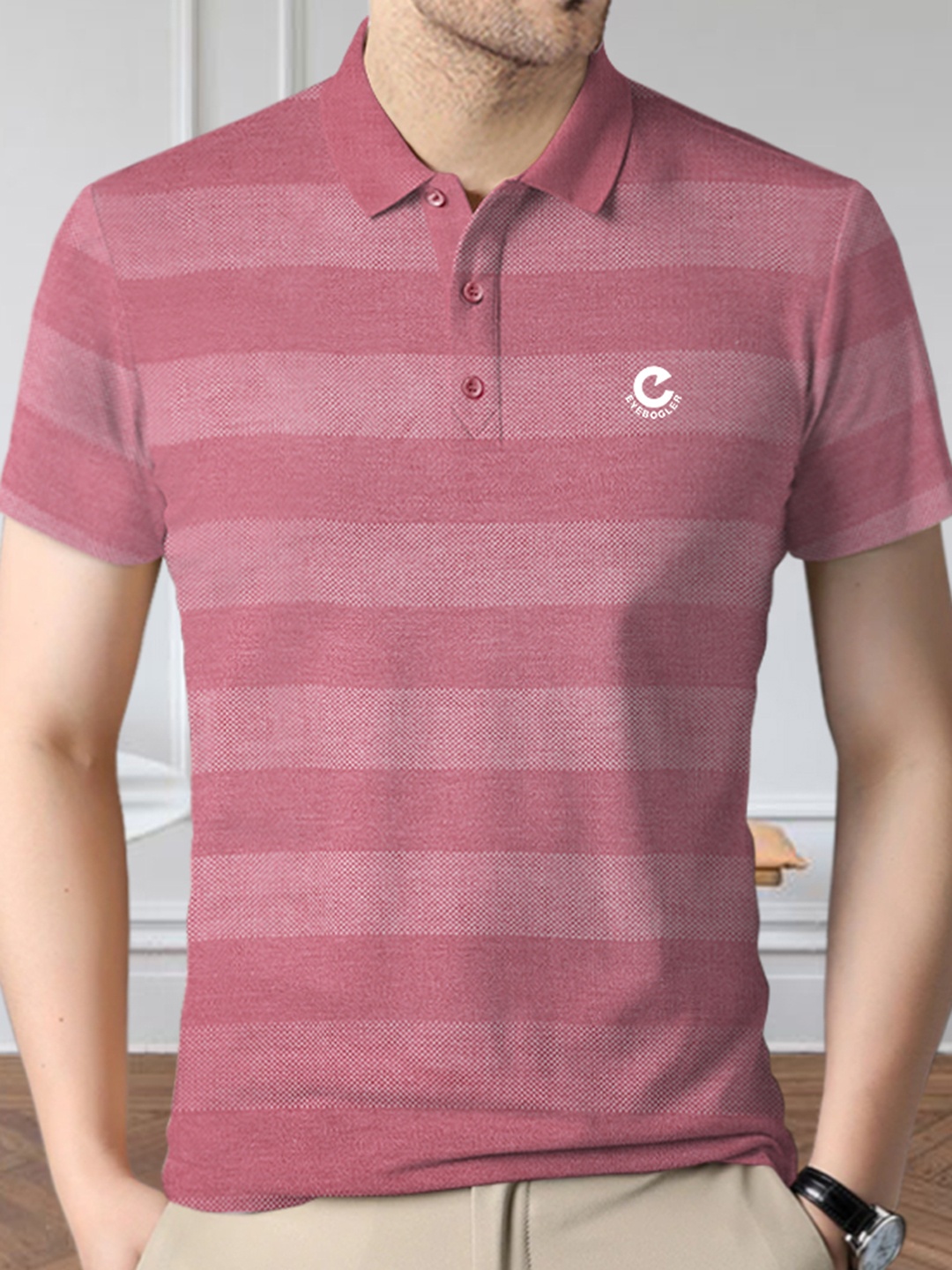 

Eyebogler Striped Polo Collar Cotton T-Shirt, Pink