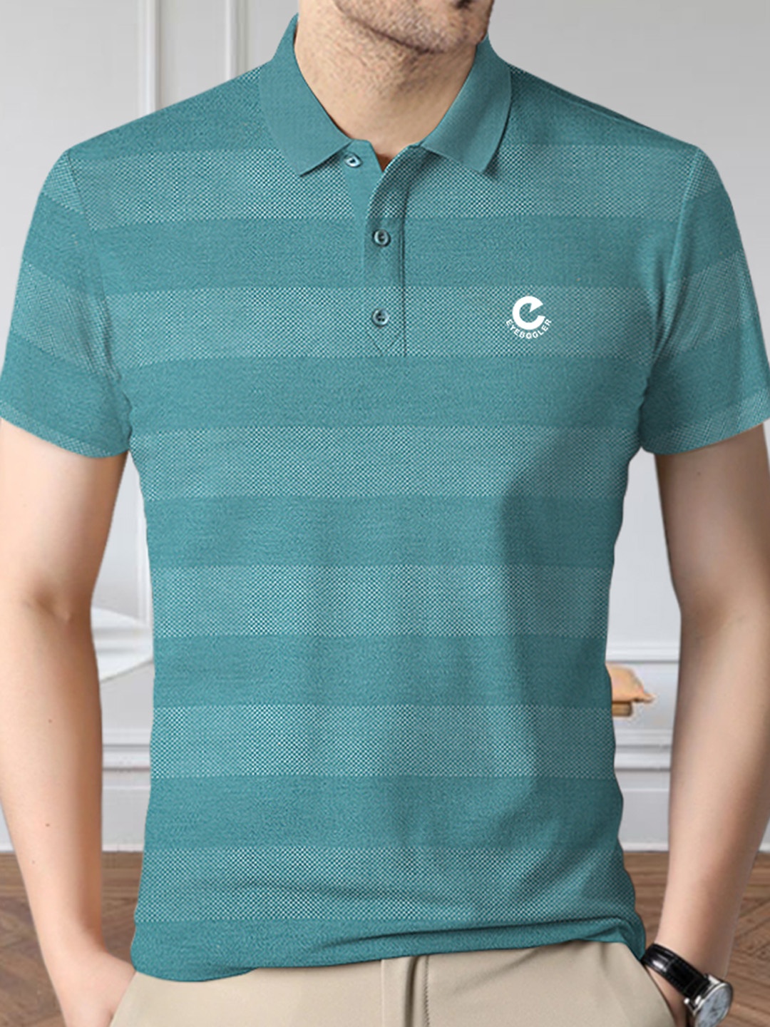 

Eyebogler Striped Polo Collar Cotton T-Shirt, Blue