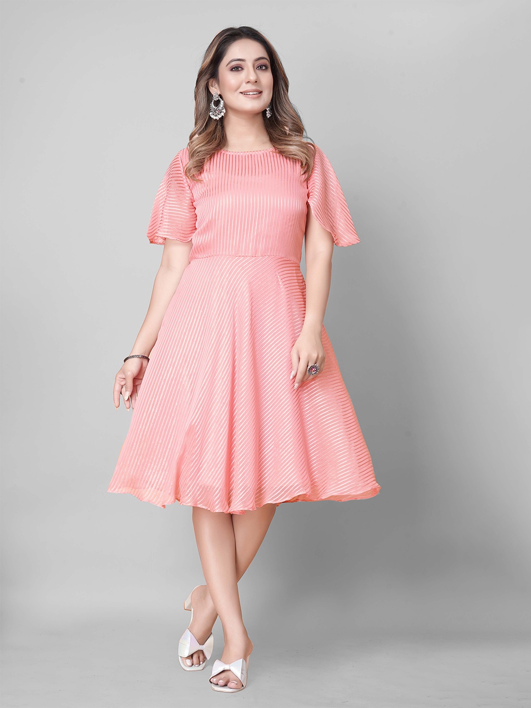 

PRASTHAN Striped Flutter Sleeve Georgette Fit & Flare Dress, Pink