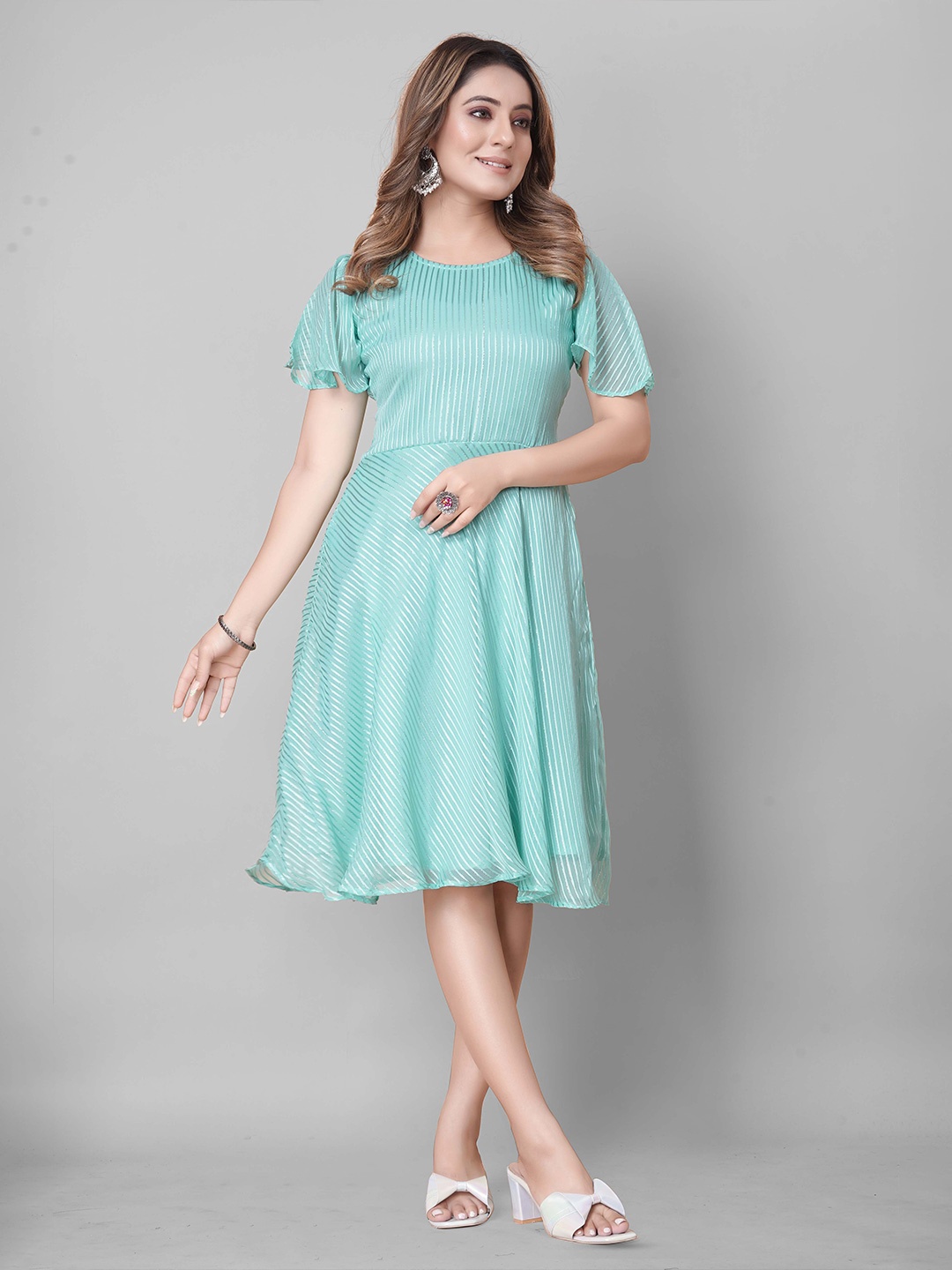 

PRASTHAN Striped Flutter Sleeve Georgette Fit & Flare Dress, Turquoise blue