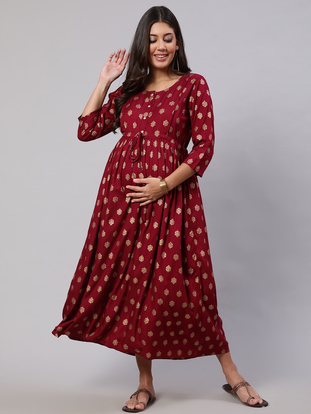 

Nayo Ethnic Motifs Printed Gathered Maternity Fit & Flare Dress, Burgundy