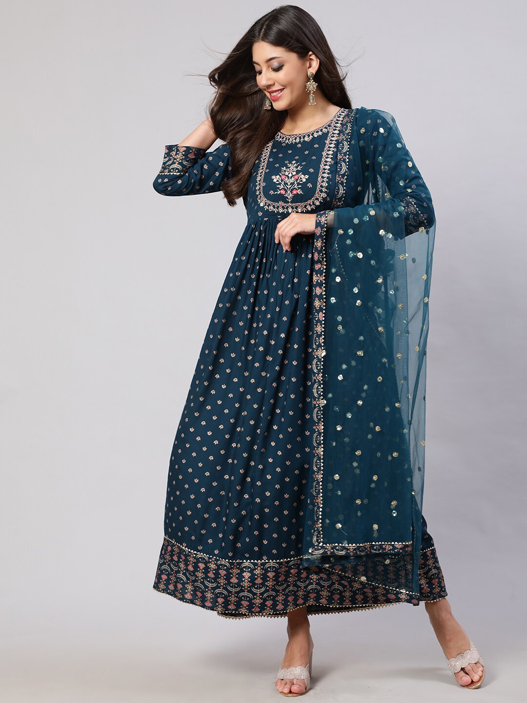 

Nayo Ethnic Motifs Printed Embroidered Fit & Flare Dress With Dupatta, Teal