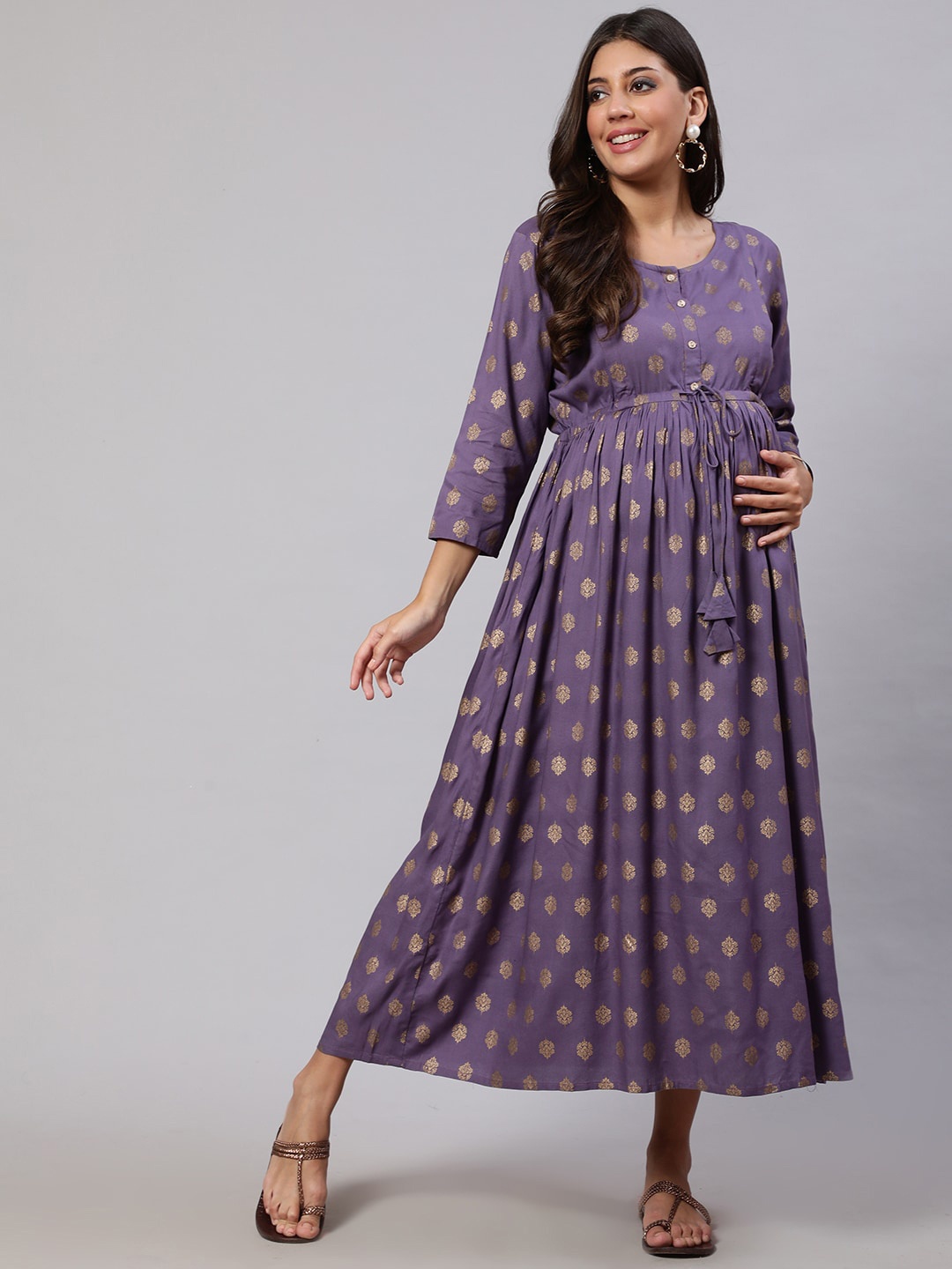 

Nayo Ethnic Motifs Printed Gathered Maternity Fit & Flare Dress, Purple