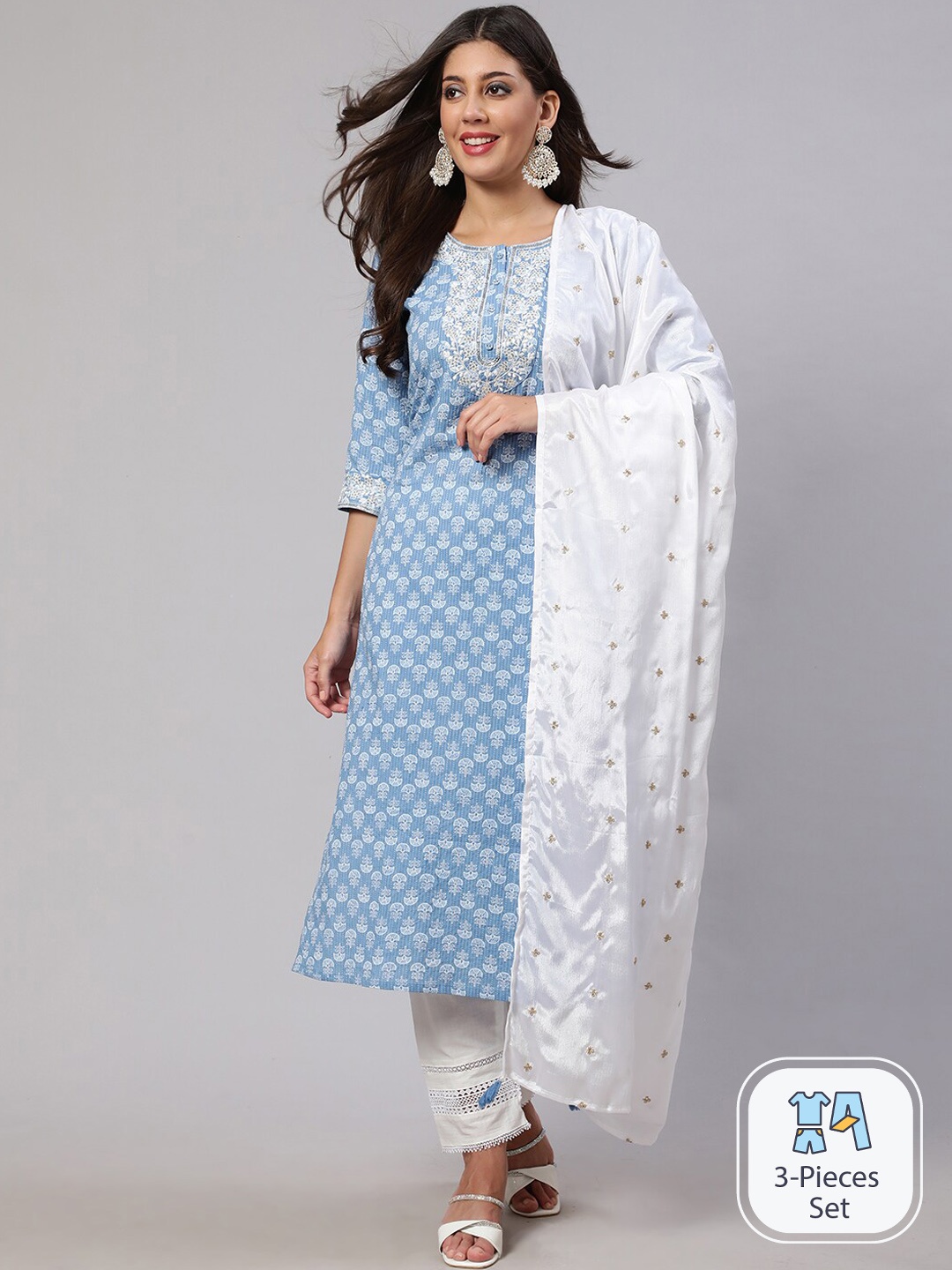 

Nayo Blue Ethnic Motifs Printed Pure Cotton Kurta with Trousers & Dupatta