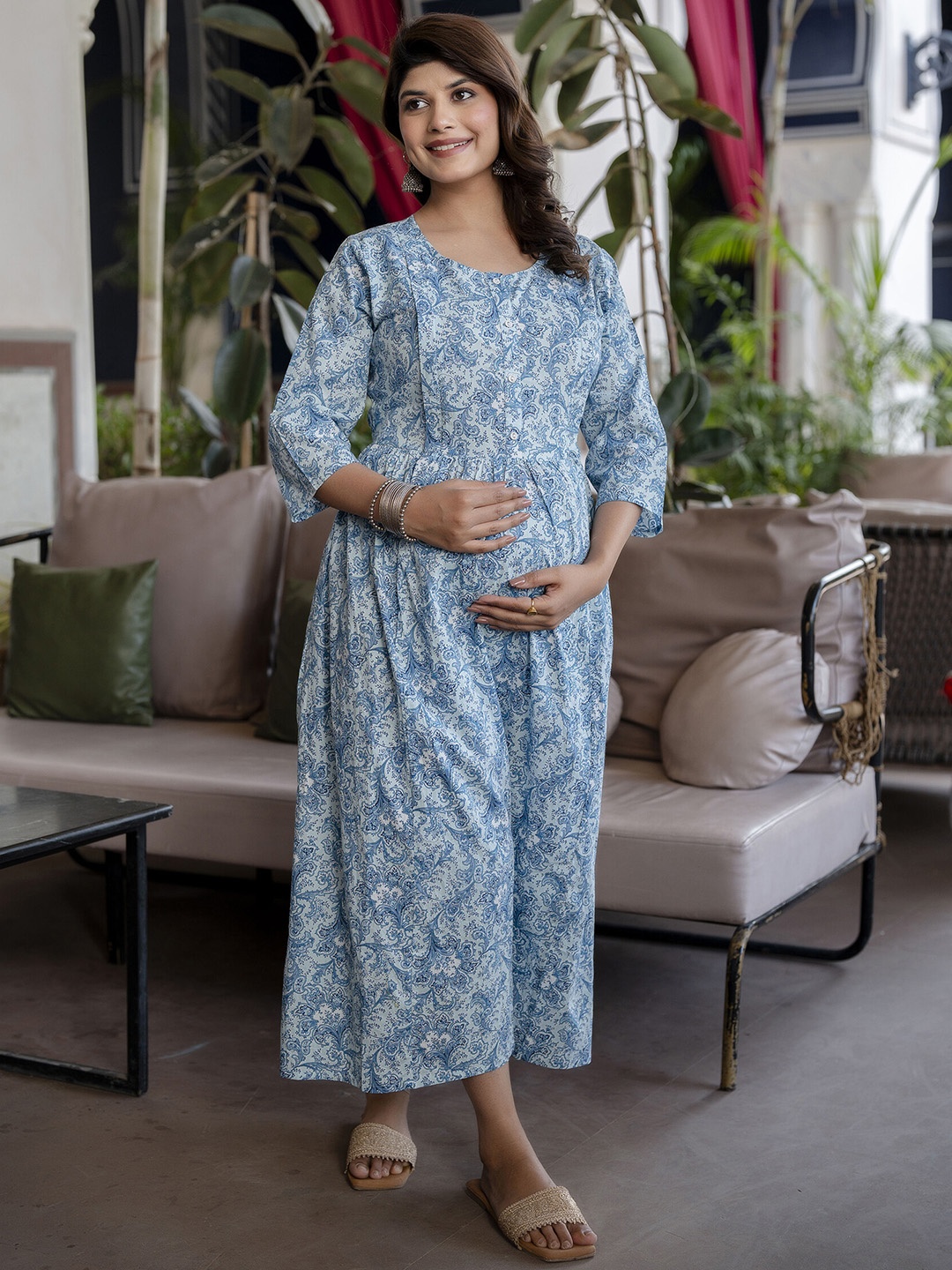 

Nayo Floral Printed Gathered Maternity Fit & Flare Dress, Blue