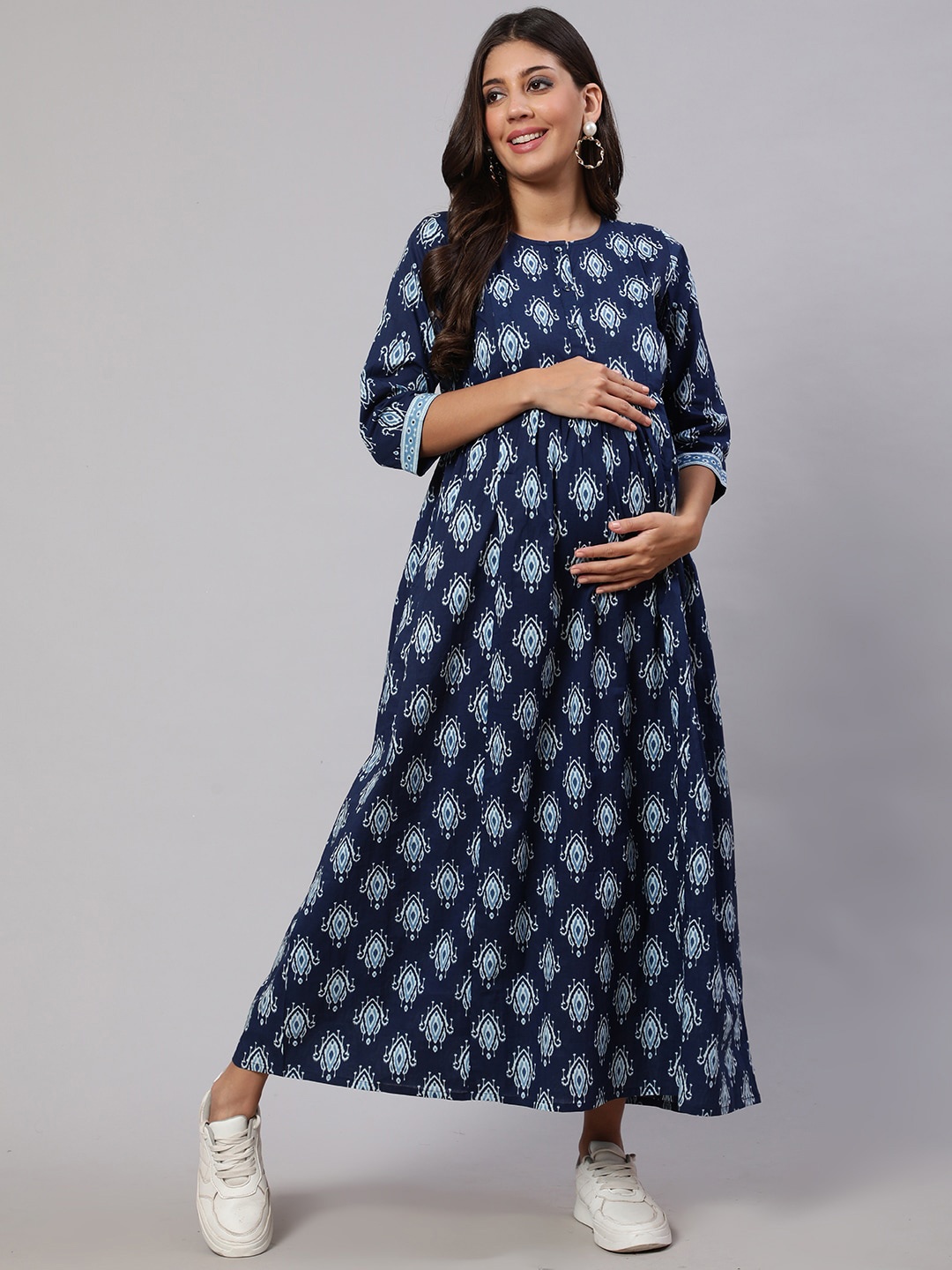 

Nayo Ethnic Motifs Printed Gathered Cotton Maternity Fit & Flare Dress, Navy blue