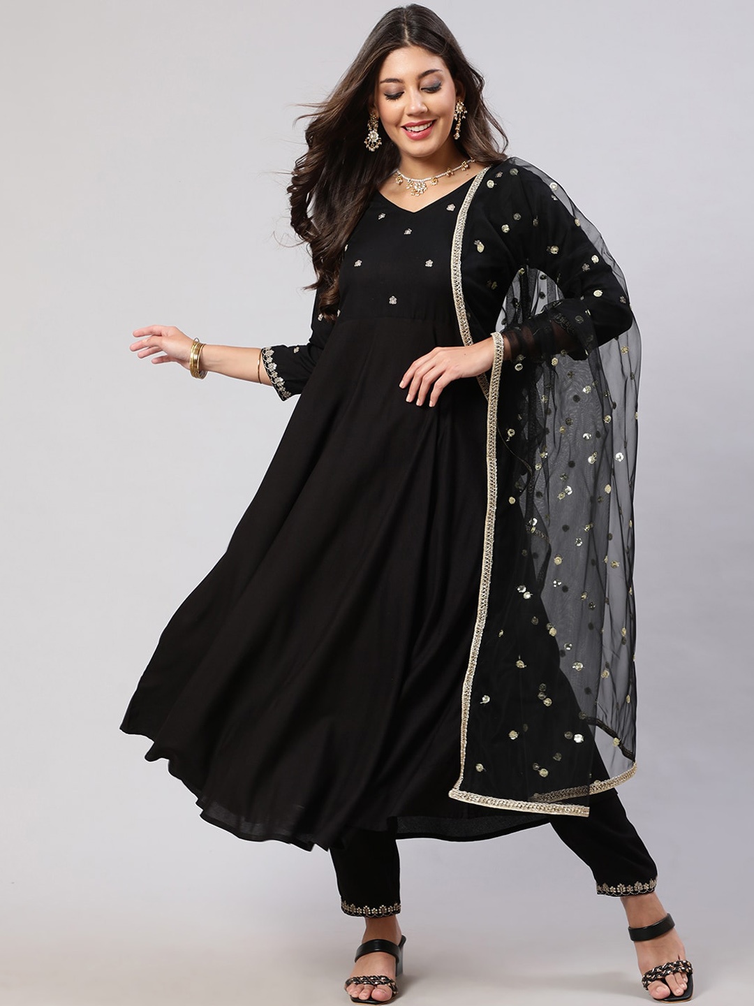 

Nayo Black Embroidered Regular Kurta with Trousers & Dupatta