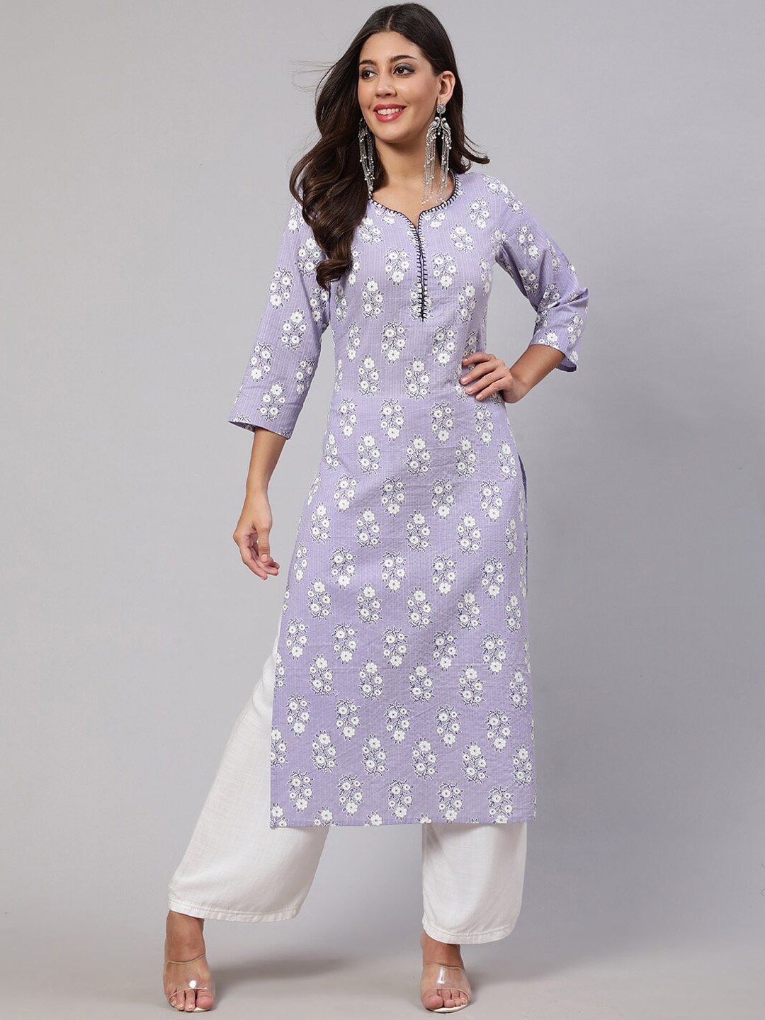 

Nayo Women Purple Floral Printed Chikankari Kurta