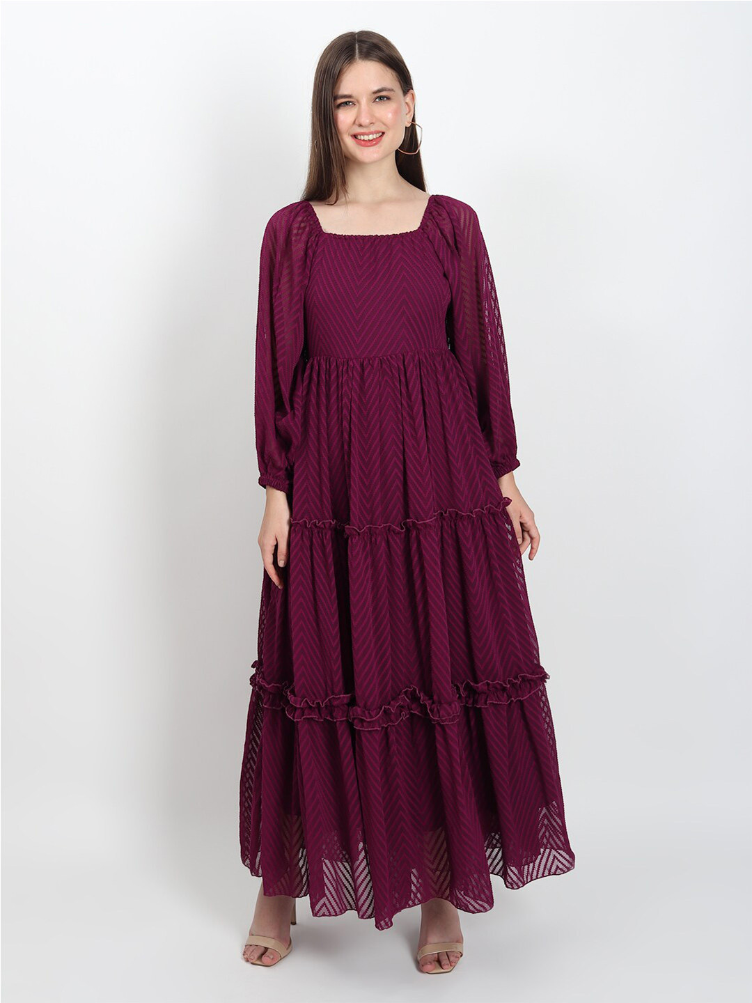 

ISAM Chevron Printed Square Neck Puff Sleeve Tiered Maxi Dress, Burgundy