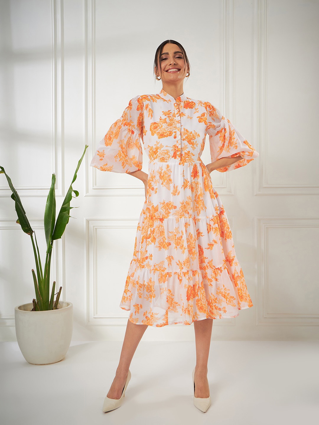 

Kibo Floral Printed Mandarin Collar Puff Sleeve Gathered Tiered Fit & Flare Midi Dress, Orange