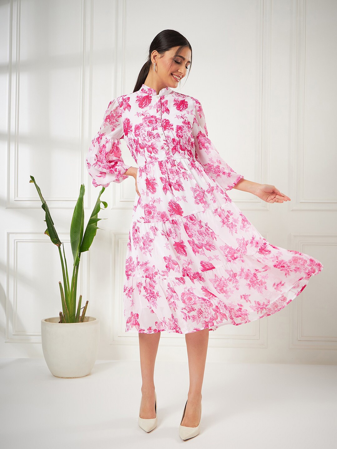 Kibo Pink Floral Printed Mandarin Collar Fit & Flare Midi Dress
