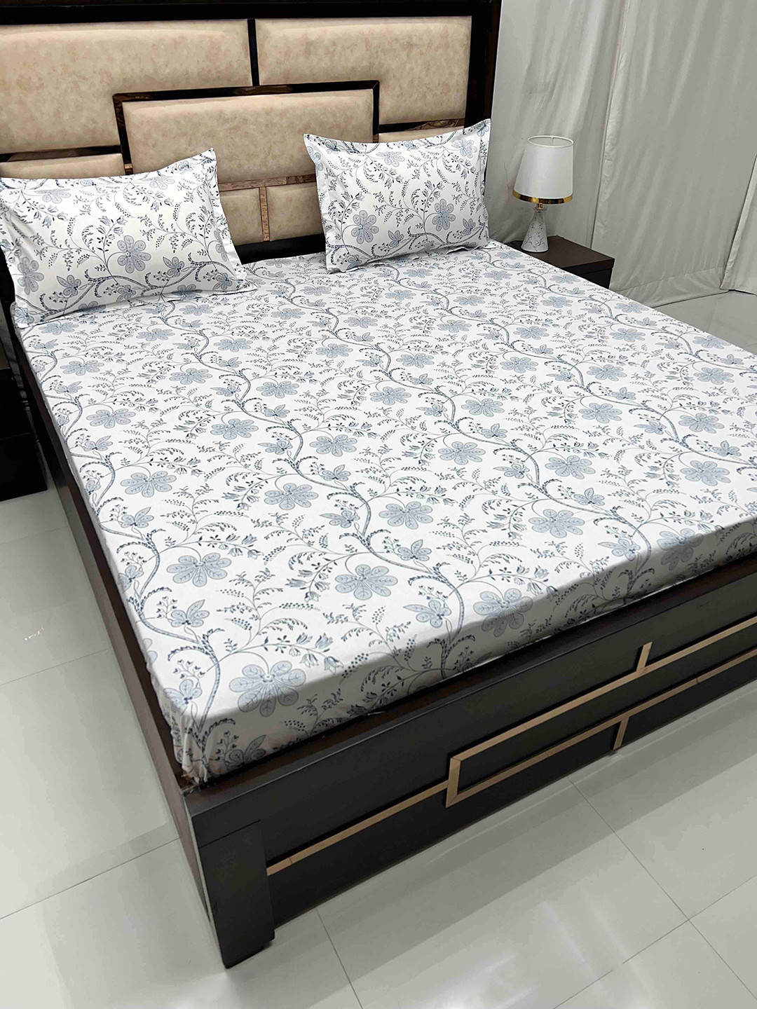 

Pure Decor Villa White & Blue Floral Cotton 300 TC King Bedsheet With 2 Pillow Covers
