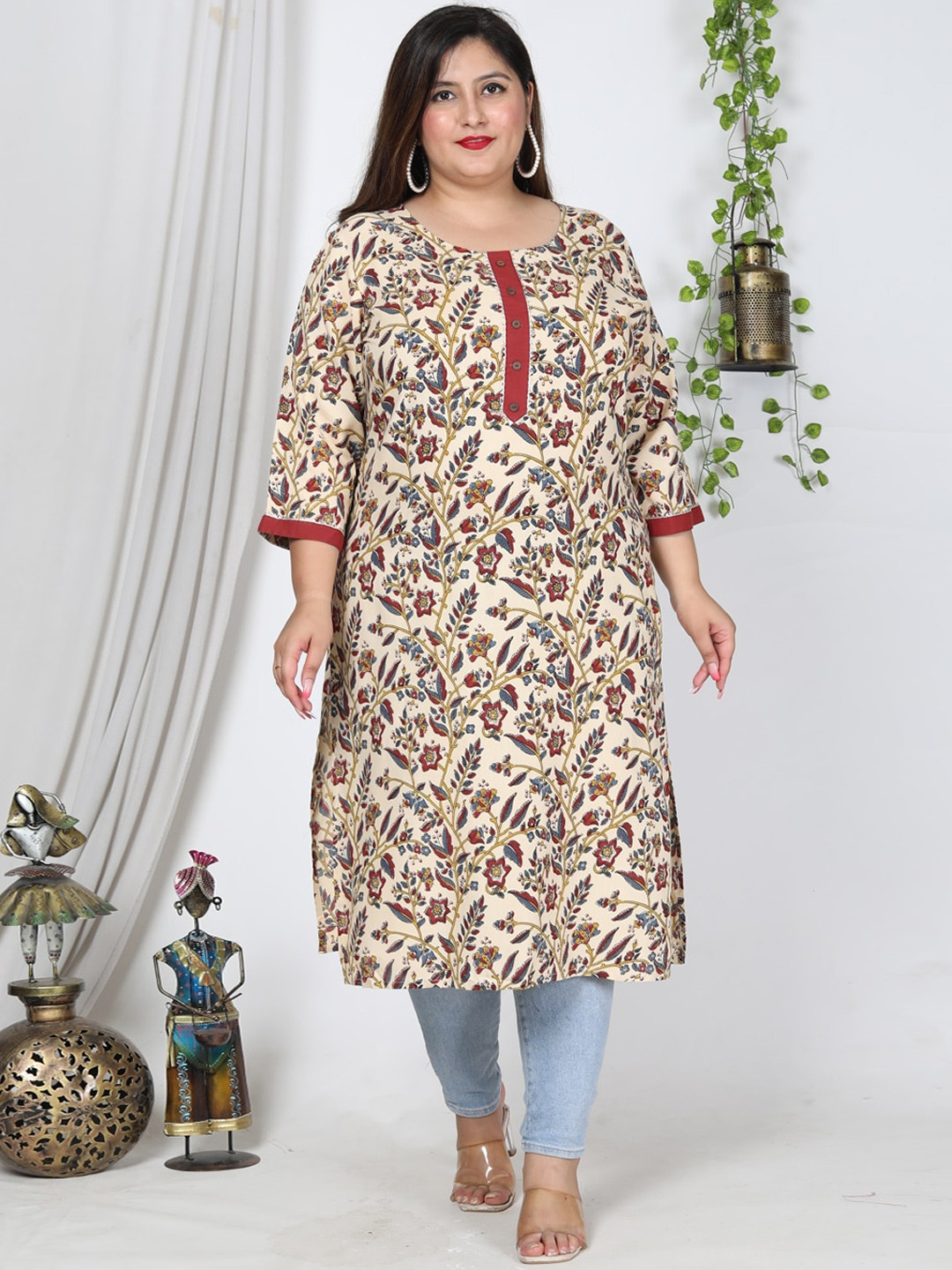 

Swasti Plus Size Floral Printed Pastel Straight Kurta, Beige