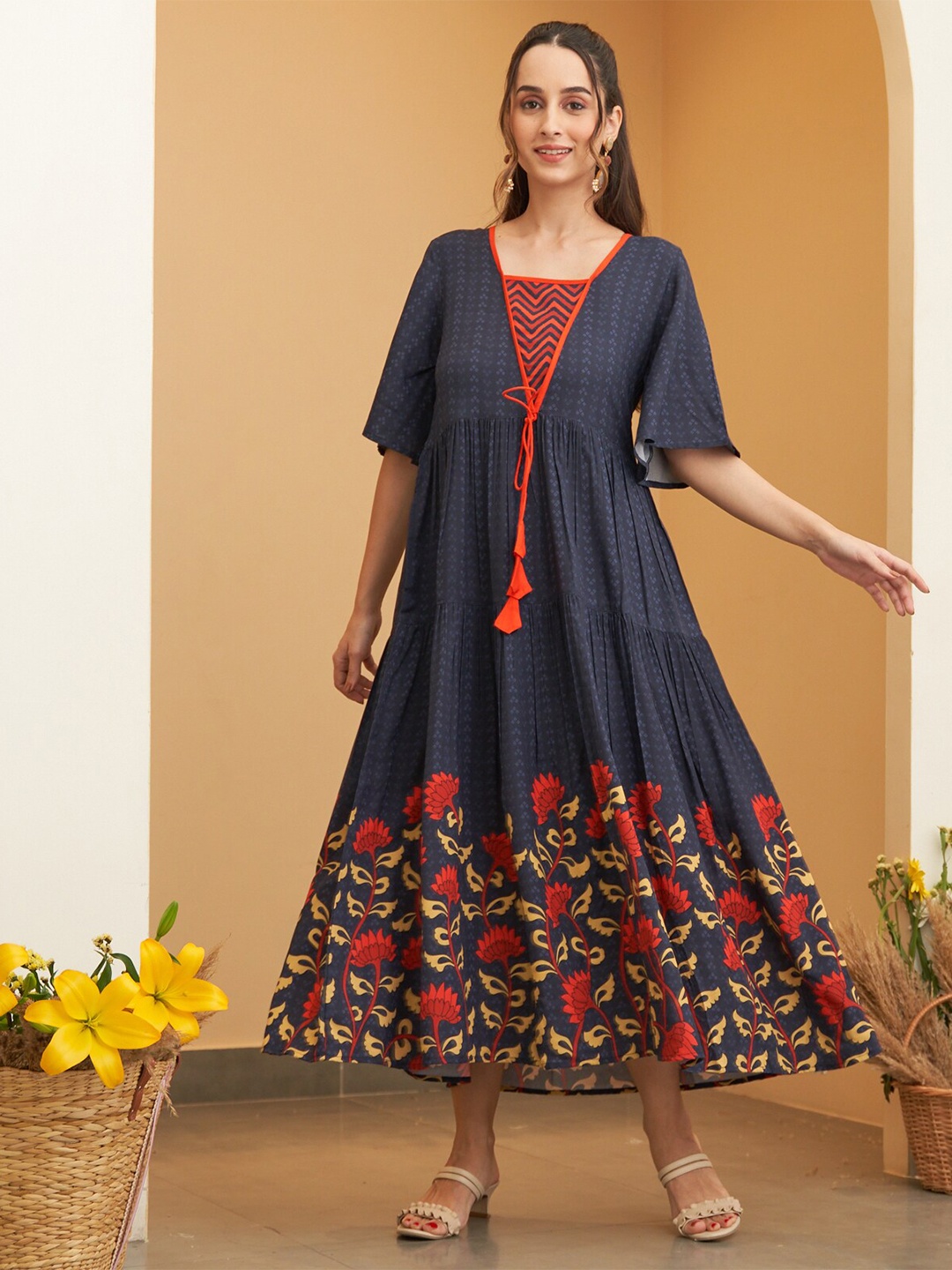 

Rustorange Floral Print Square Neck Flared Sleeves Dress, Navy blue