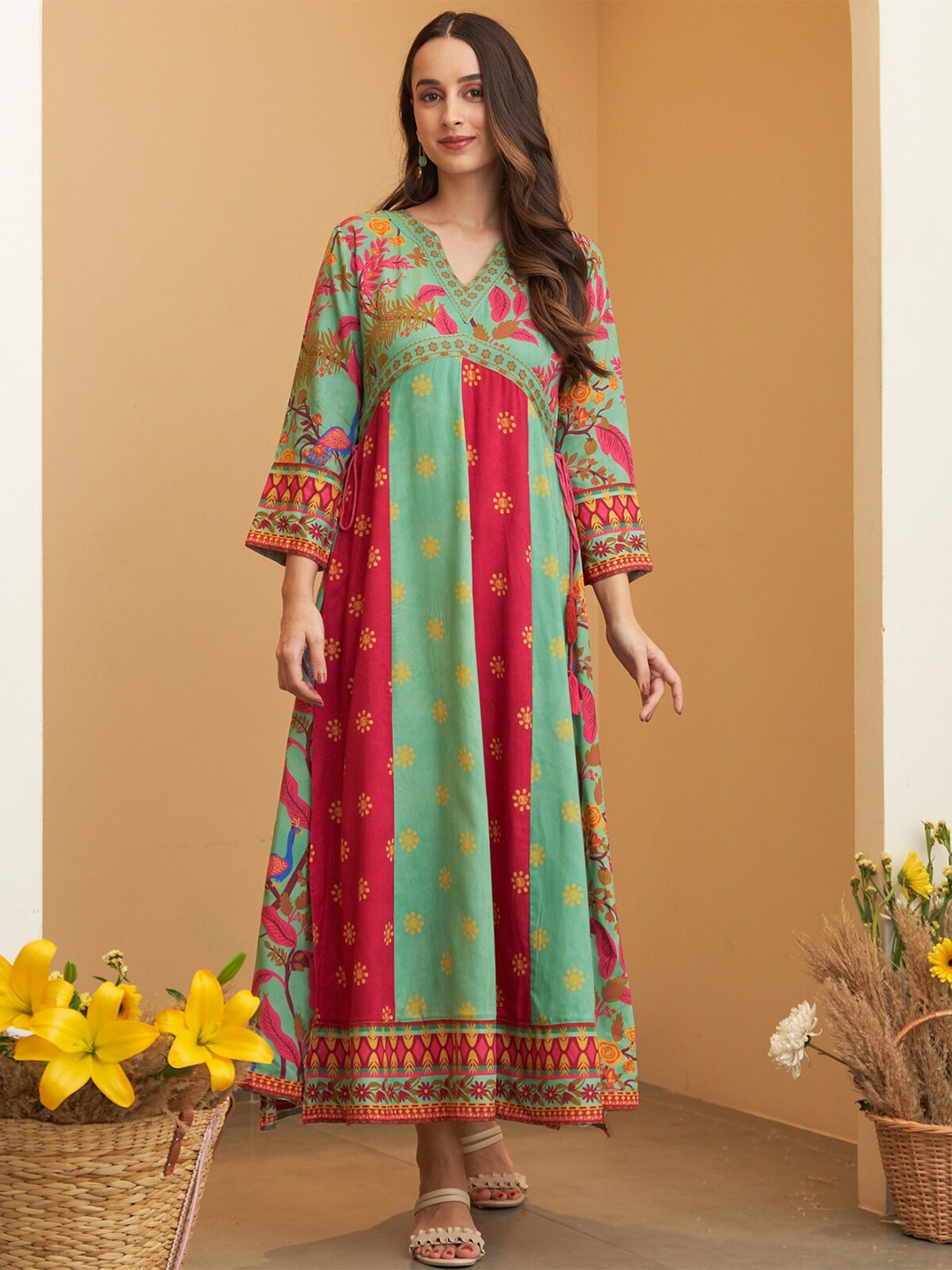 

Rustorange Floral Print V-Neck Empire Midi Dress, Turquoise blue