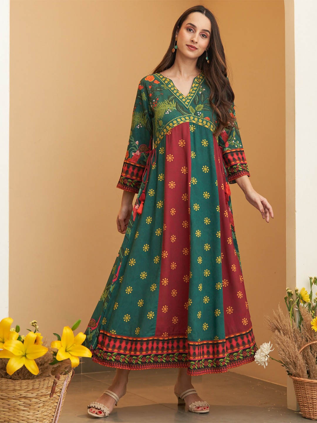 

Rustorange Floral Printed V-Neck A-Line Midi Ethnic Dress, Green