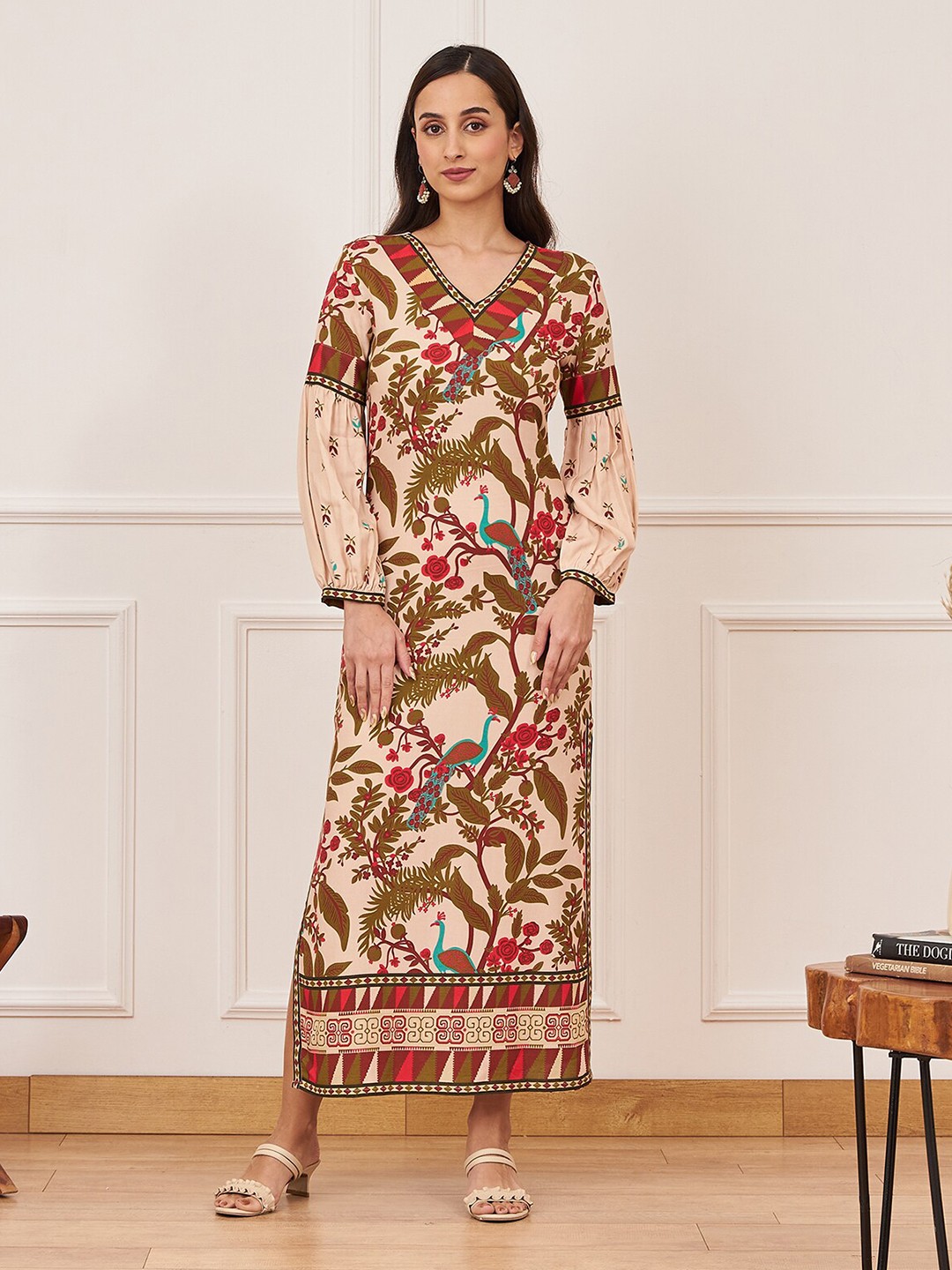 

Rustorange Floral Printed V-Neck Puff Sleeves Maxi Ethnic Dress, Beige