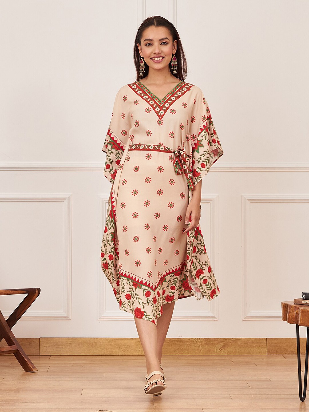 

Rustorange Floral Printed V-Neck Kaftan Midi Ethnic Dress With Belt, Beige