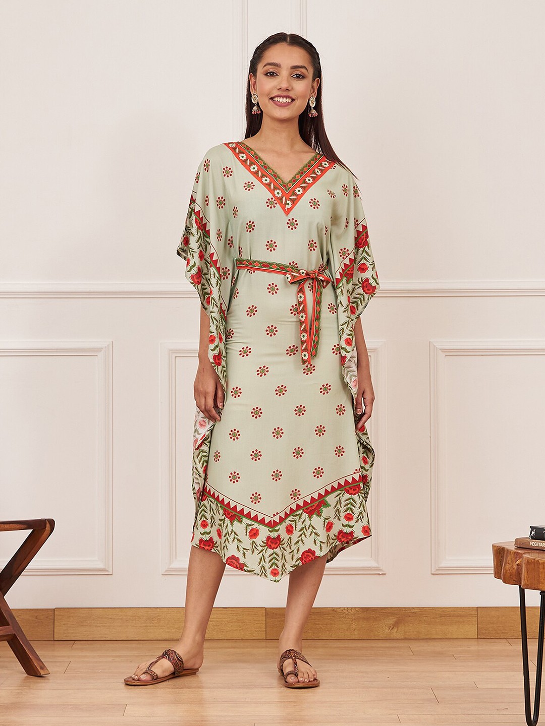 

Rustorange Floral Printed V-Neck Kaftan Midi Ethnic Dress With Belt, Green