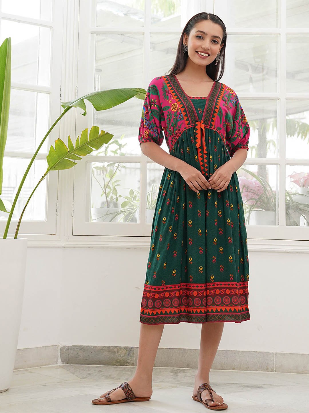 Rustorange Floral Printed Puff Sleeves Gathered A-Line Midi Ethnic Dress, Green