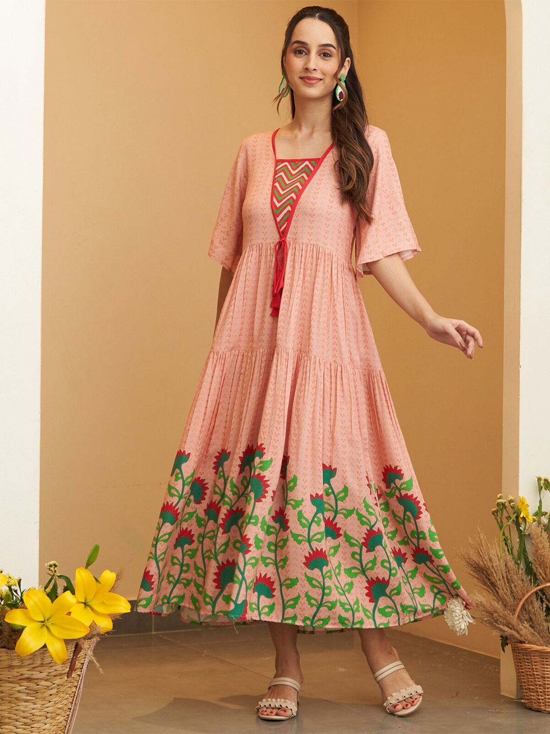 

Rustorange Floral Printed Square Neck Flared Sleeves Tiered A-Line Ethnic Dress, Peach