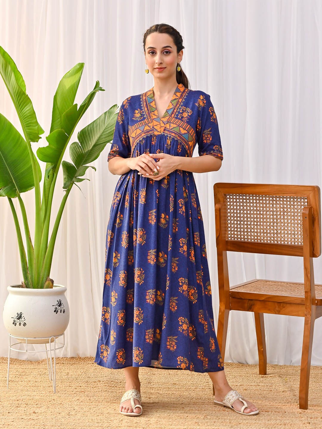 

Rustorange Floral Printed V-Neck Gathered A-Line Midi Ethnic Dress, Blue
