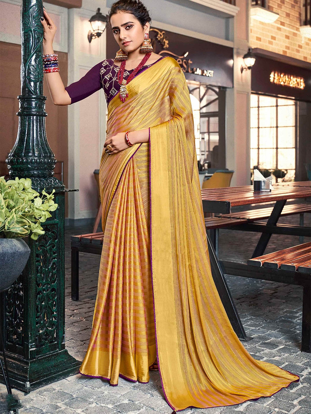 

Mitera Yellow & Maroon Striped Satin Saree