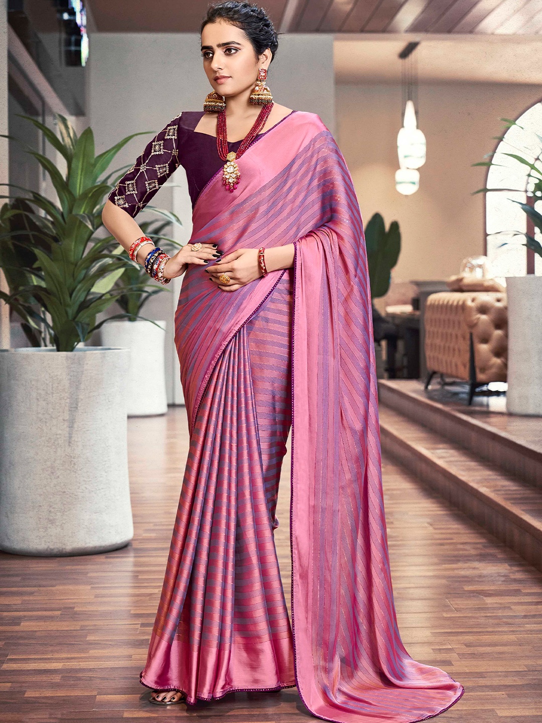 

Mitera Pink & Gold-Toned Striped Satin Saree