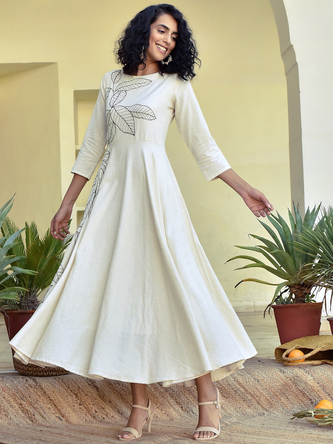 

OKHAI Floral Embroidered Pure Cotton Fit & Flared Ethnic Dress, Off white