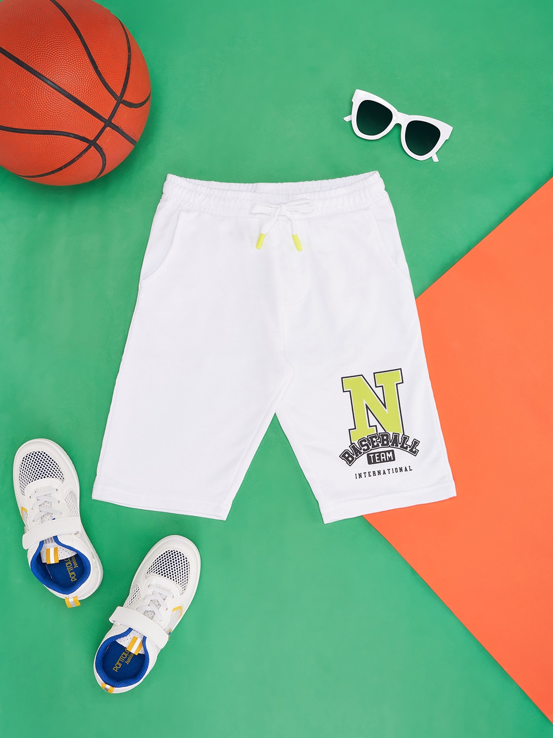 

Pantaloons Junior Boys Typography Printed Cotton Sports Shorts, White