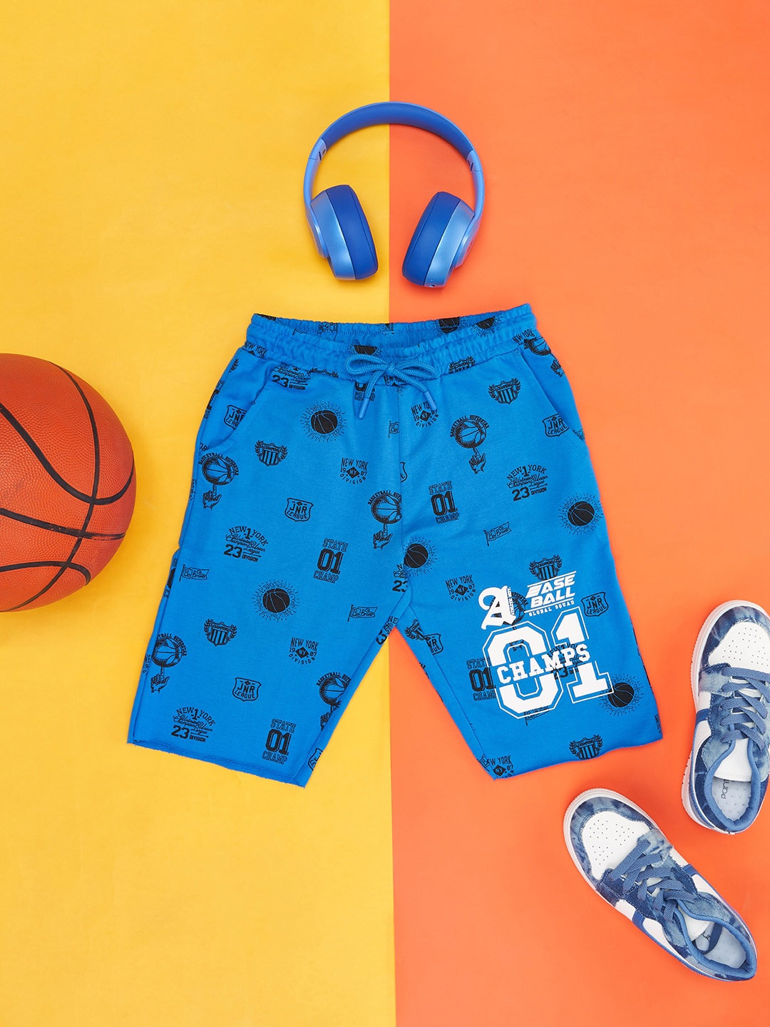 

Pantaloons Junior Boys Conversational Printed Mid-Rise Cotton Shorts, Blue